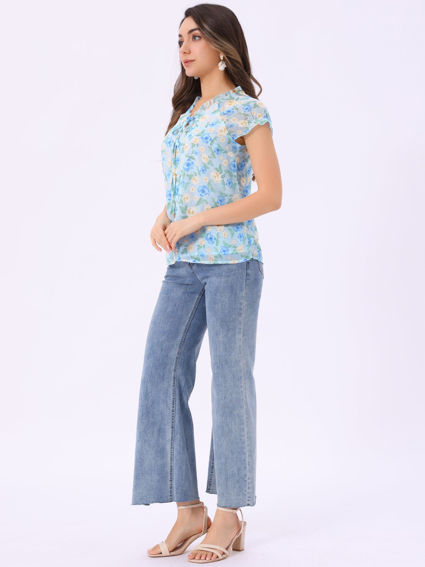 Women's Floral Summer V Neck Short Cap Sleeve Ruffle Chiffon Blouse