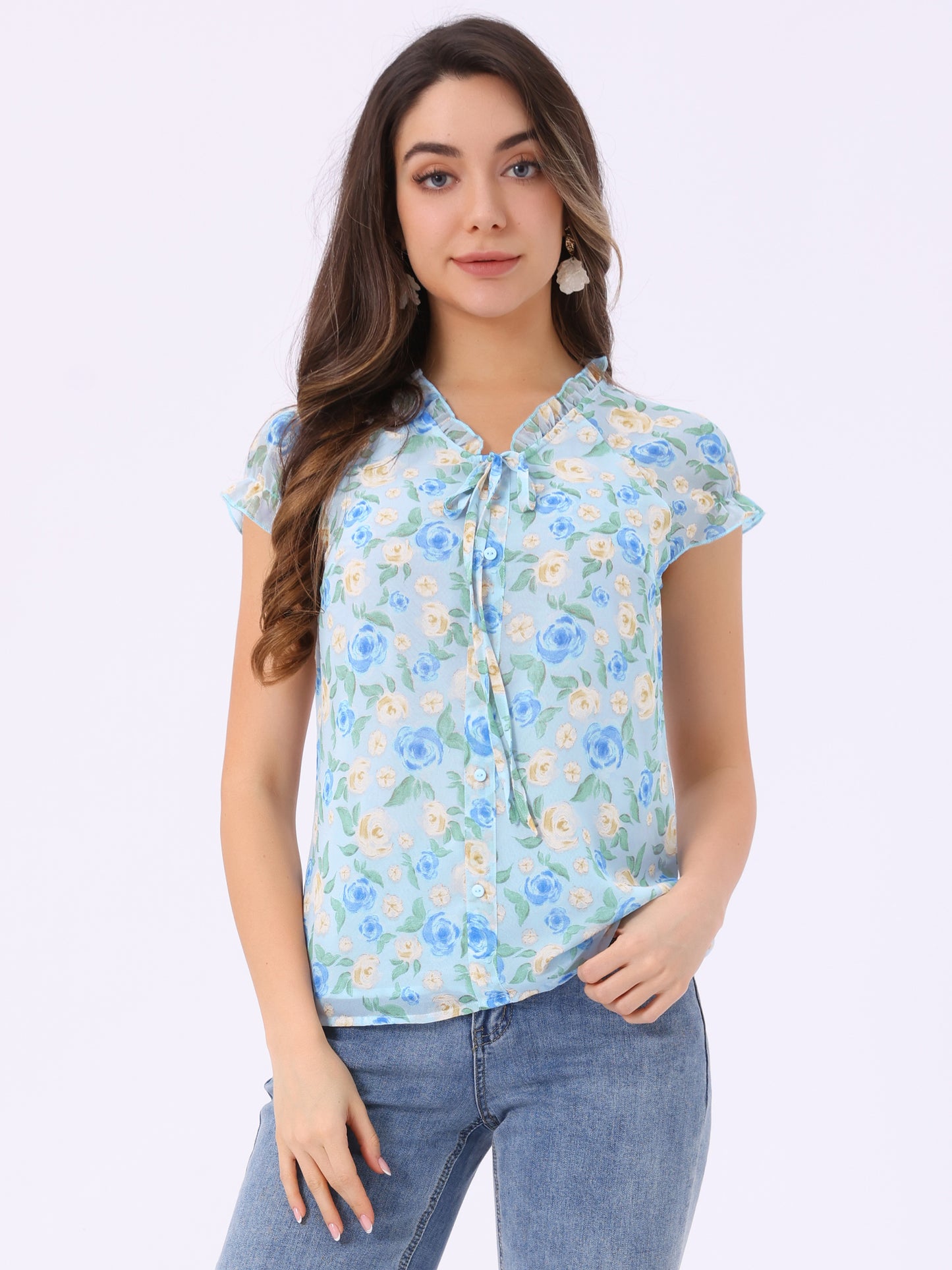 Women's Floral Summer V Neck Short Cap Sleeve Ruffle Chiffon Blouse