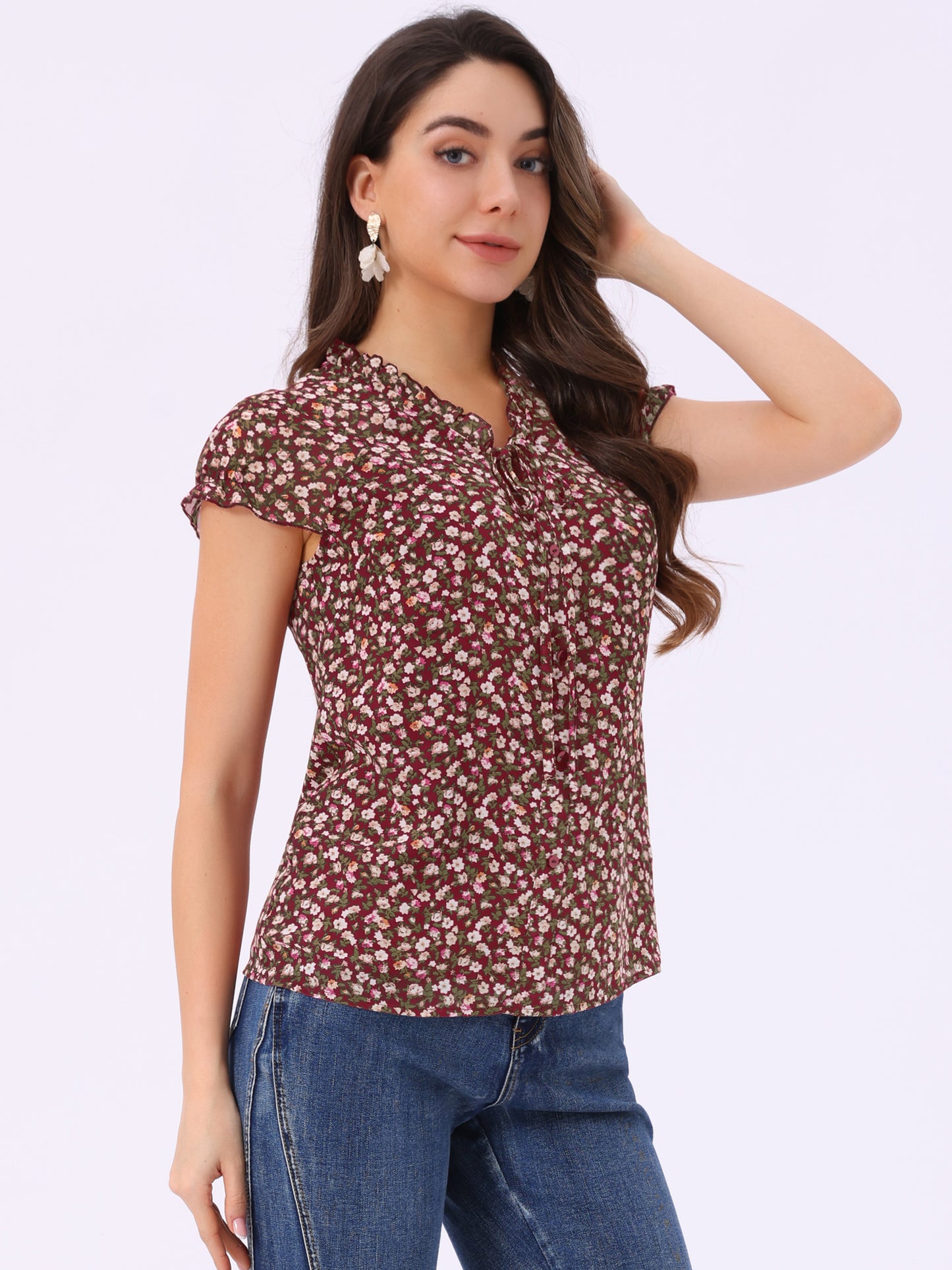 Women's Floral Summer V Neck Short Cap Sleeve Ruffle Chiffon Blouse