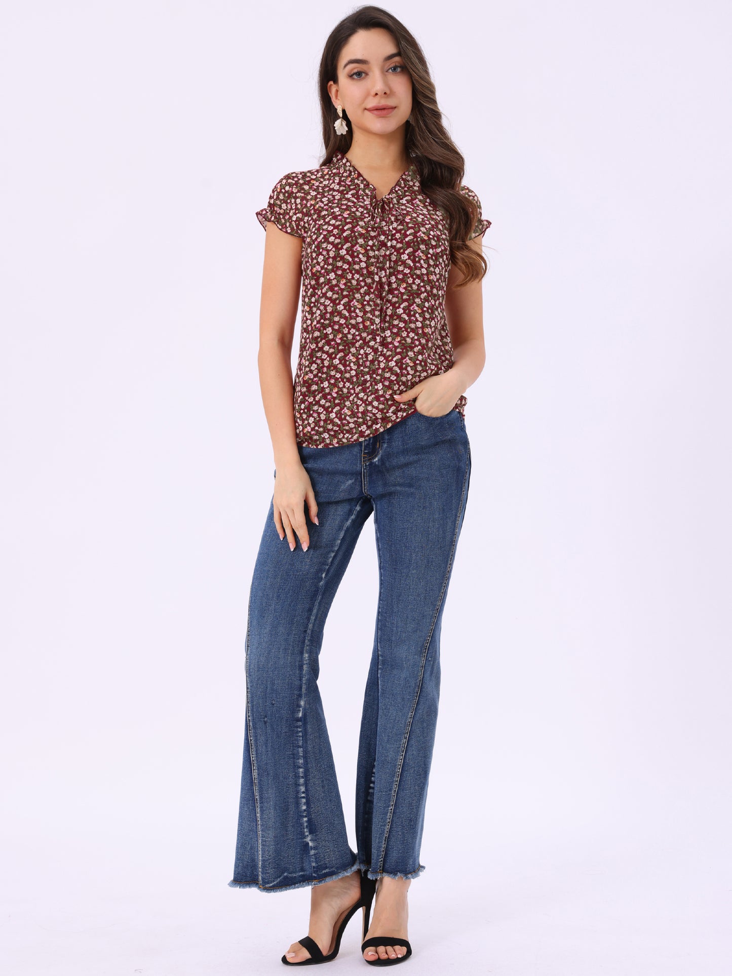 Women's Floral Summer V Neck Short Cap Sleeve Ruffle Chiffon Blouse