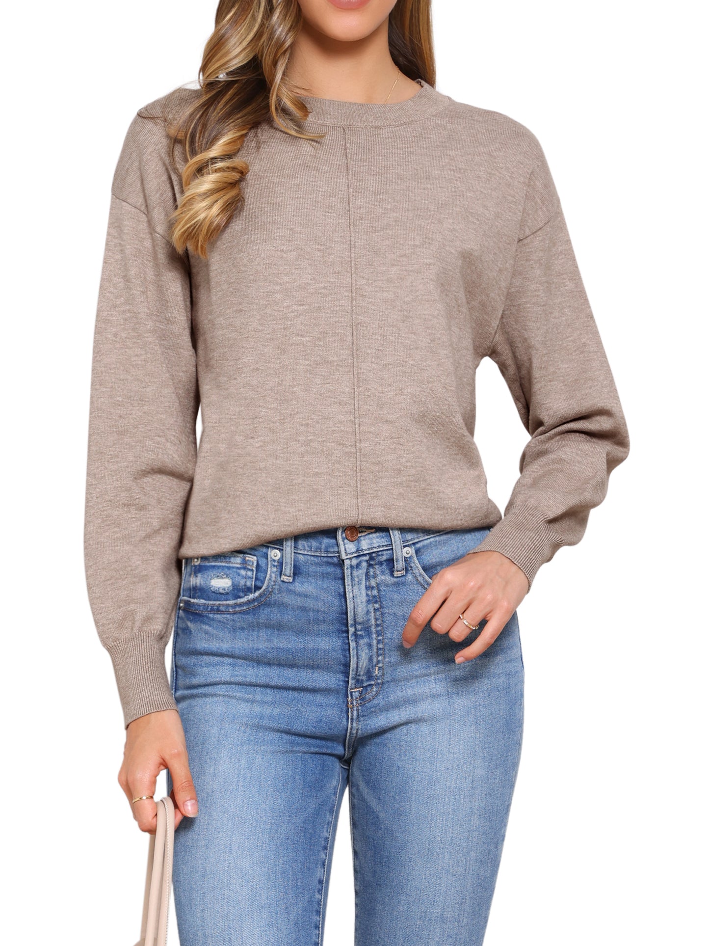 Suéter básico clásico de otoño de manga larga para mujer, jersey de punto con cuello redondo