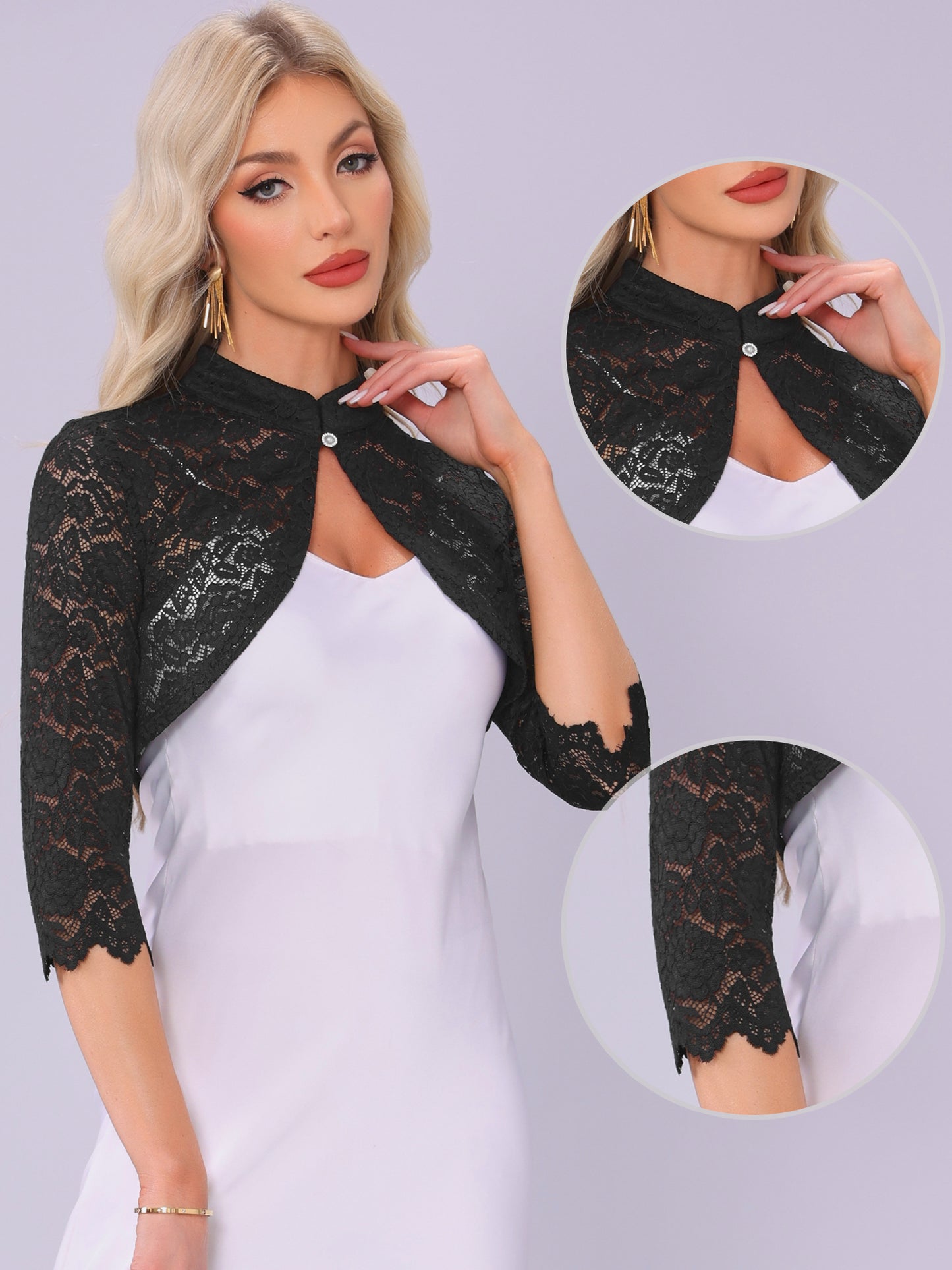 Women 3/4 Sleeve Sheer Floral Lace Cardigan Top Elegant Lace Bolero Shrug