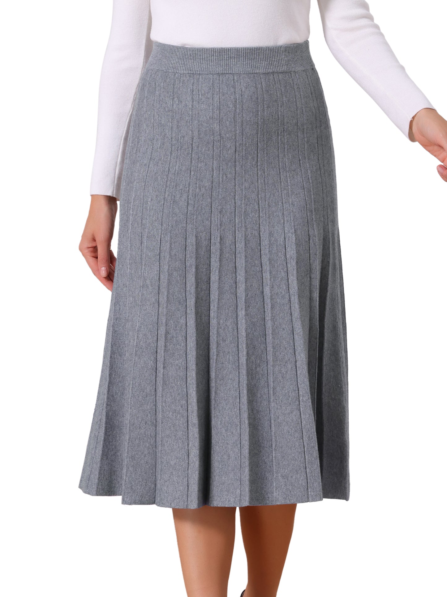 Women's Knit Pleated High Waist Stretchy A Line Midi Sweater Skirt