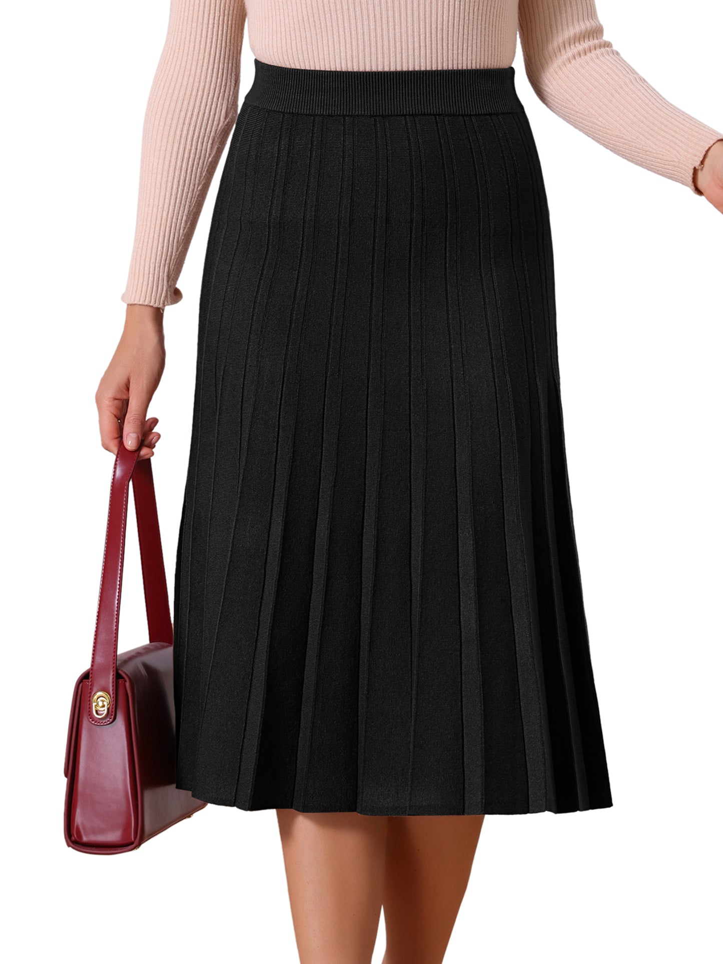 Women's Knit Pleated High Waist Stretchy A Line Midi Sweater Skirt
