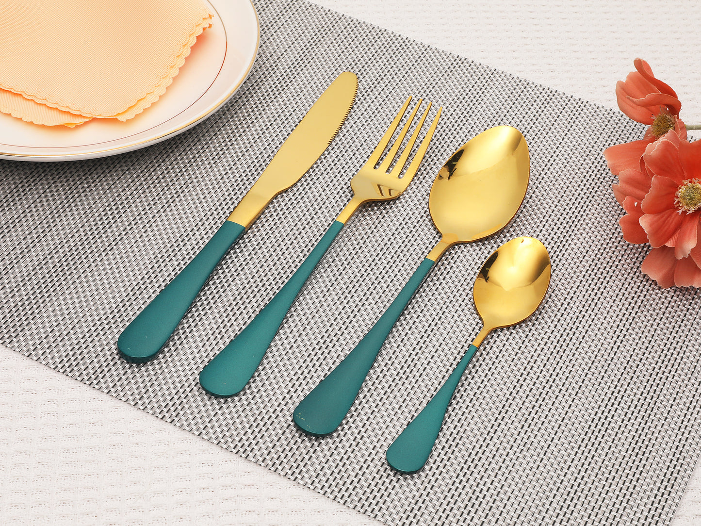 Juego de cubiertos de 4 piezas, cubiertos de acero inoxidable con cuchillo, juego de cubiertos