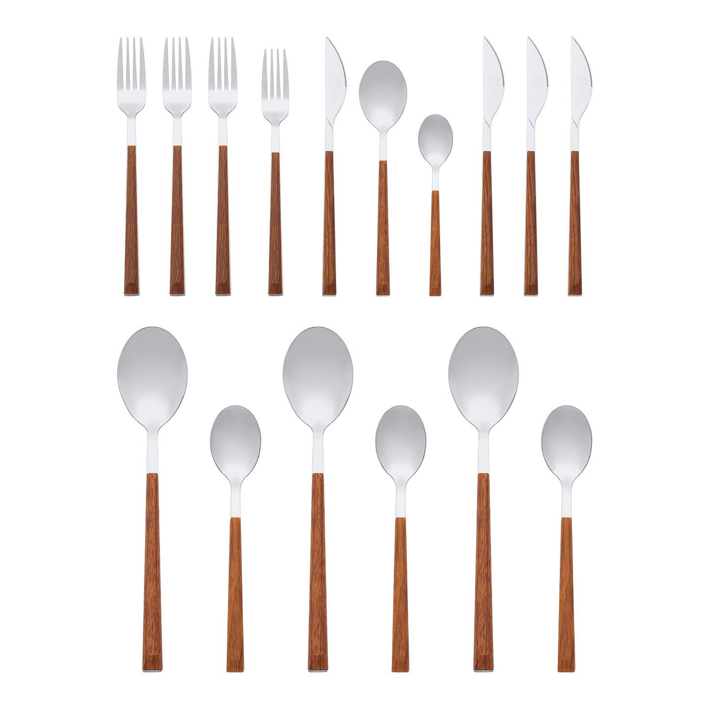 Juego de cubiertos de acero inoxidable de 16 piezas con cuchillo, cucharas y tenedores.