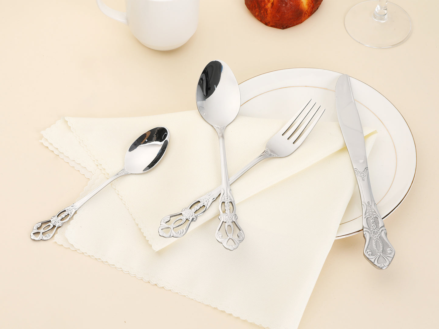 24 Pieces Silverware Set, Stainless Steel Floral Flatware Set for 6, Modern Cutlery Set