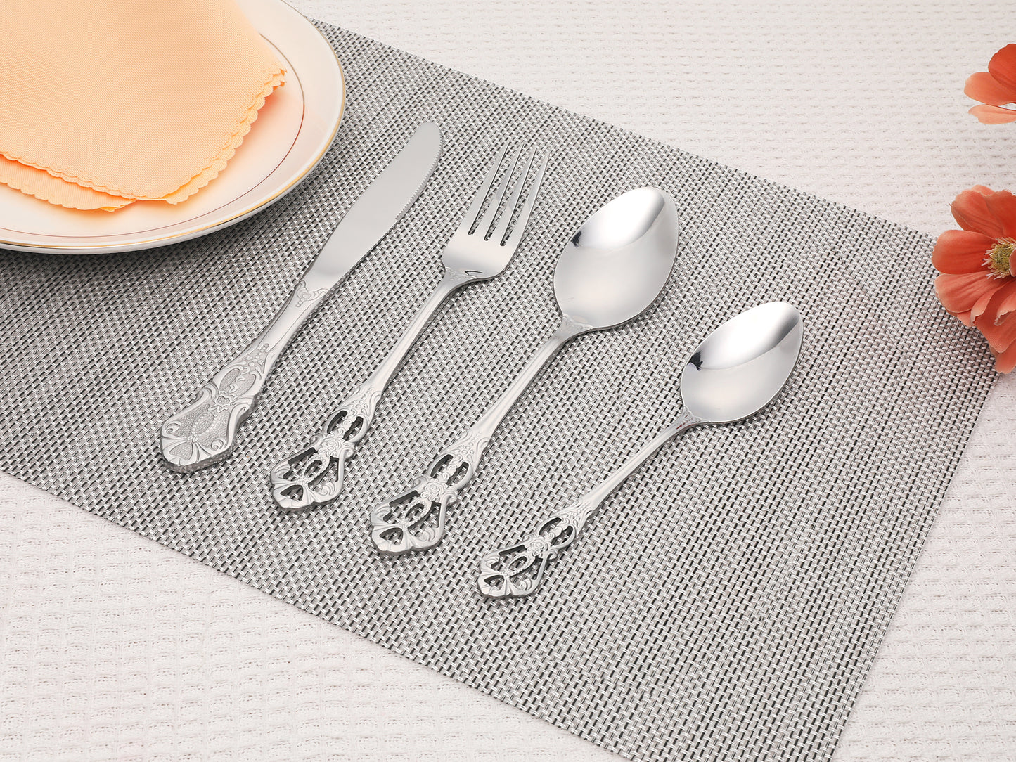 24 Pieces Silverware Set, Stainless Steel Floral Flatware Set for 6, Modern Cutlery Set