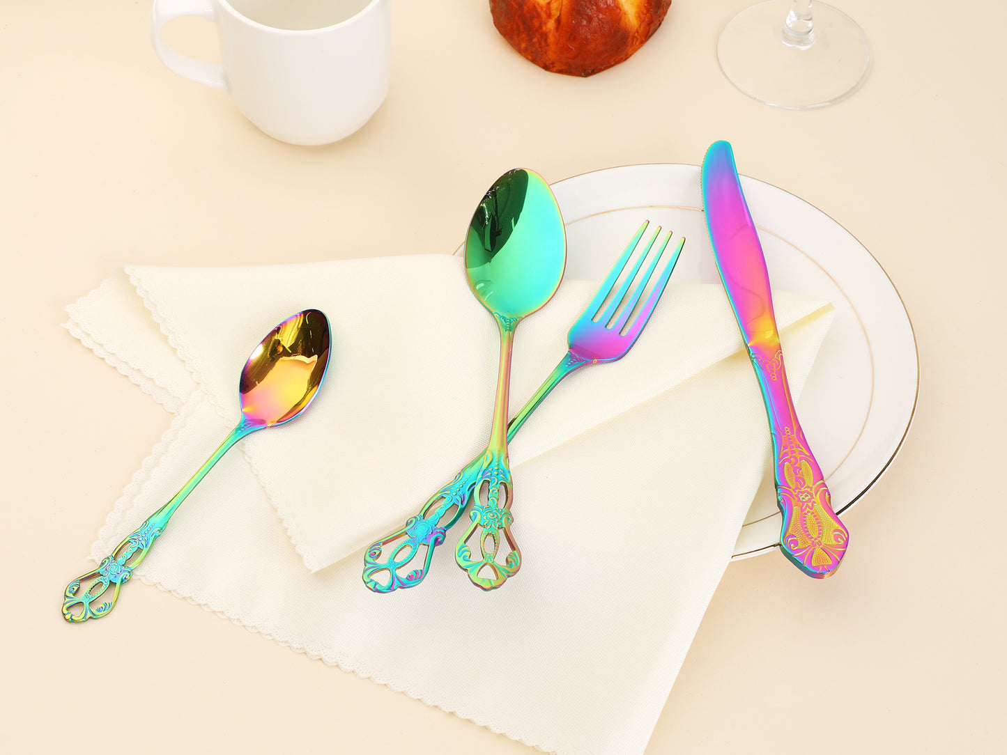 Juego de cubiertos de acero inoxidable de 24 piezas con diseño floral para 6 personas, moderno.