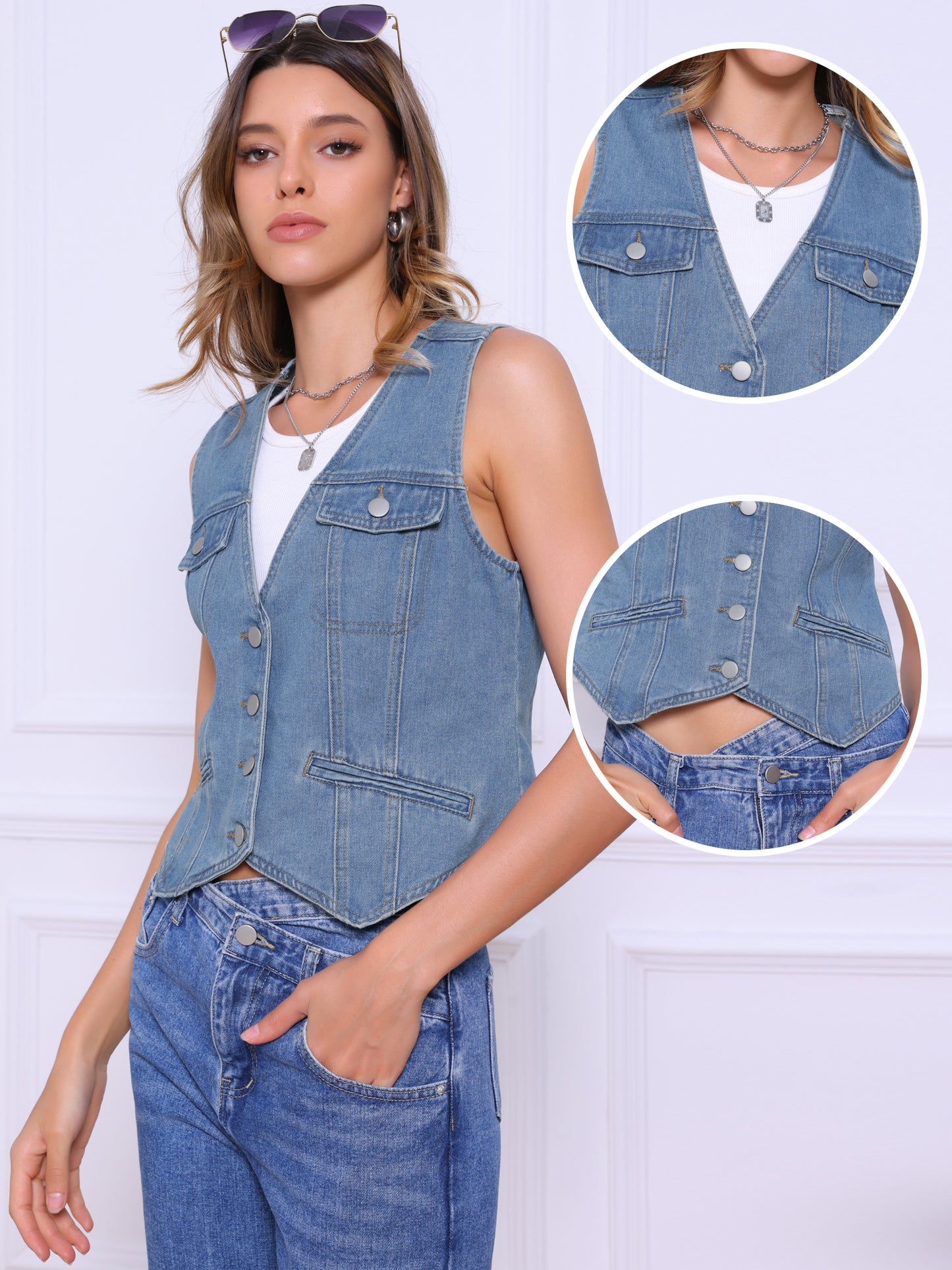 Women's Button V Neck Jean Waistcoat Denim Vest