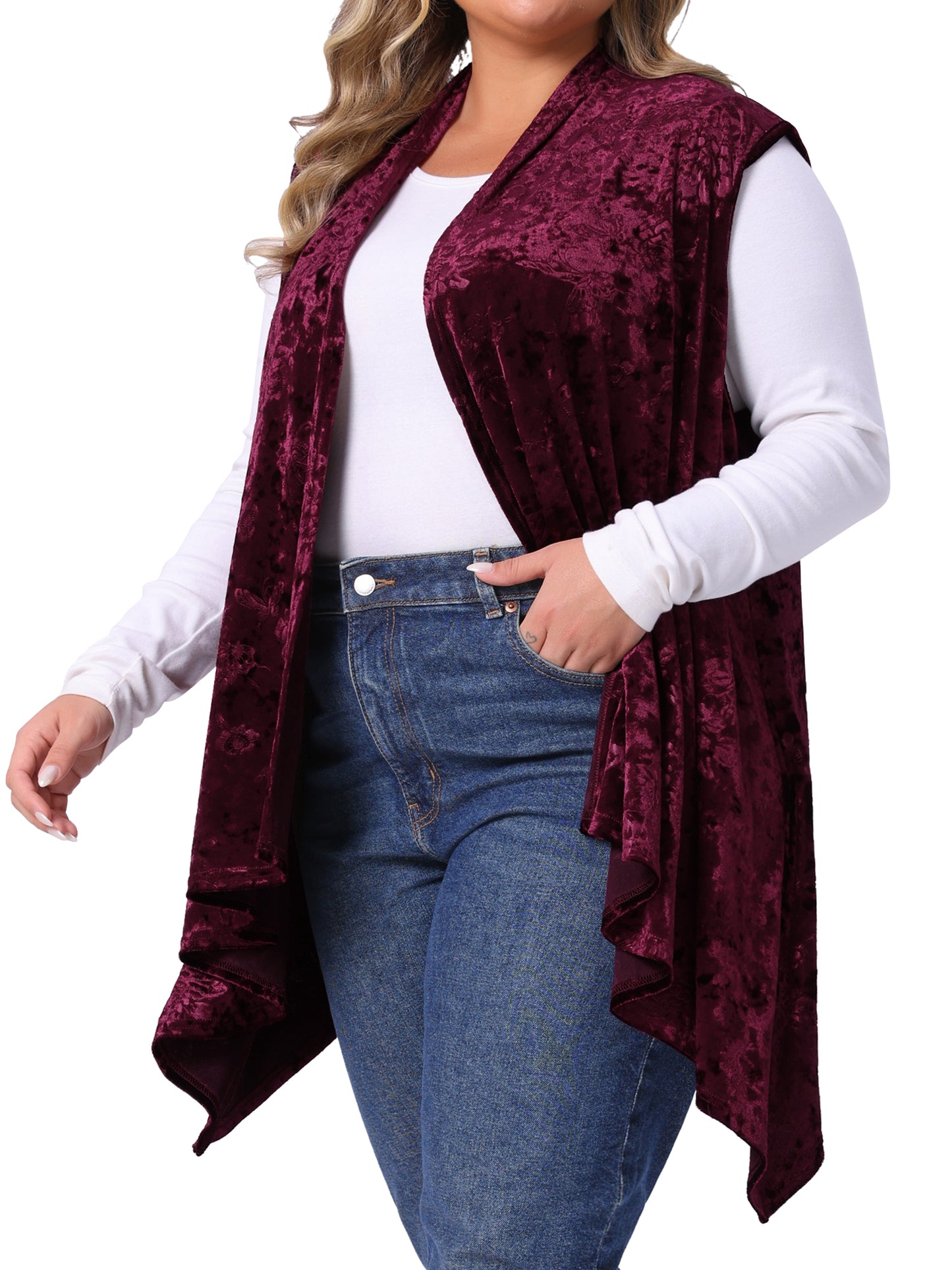Women Plus Size Cardigan Vest Velvet Sleeveless High Low Hem Open Front Cardigan