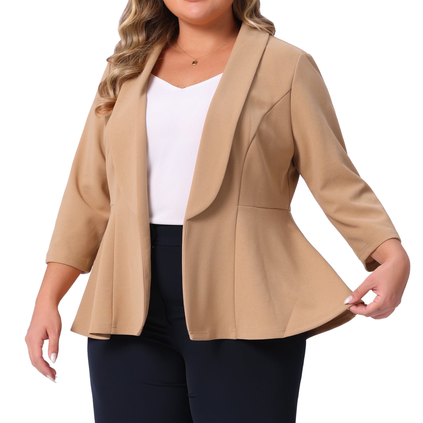 Womens Plus Size Open Front 3/4 Sleeve Peplum Blazer Lapel Work Office Suit Jacket