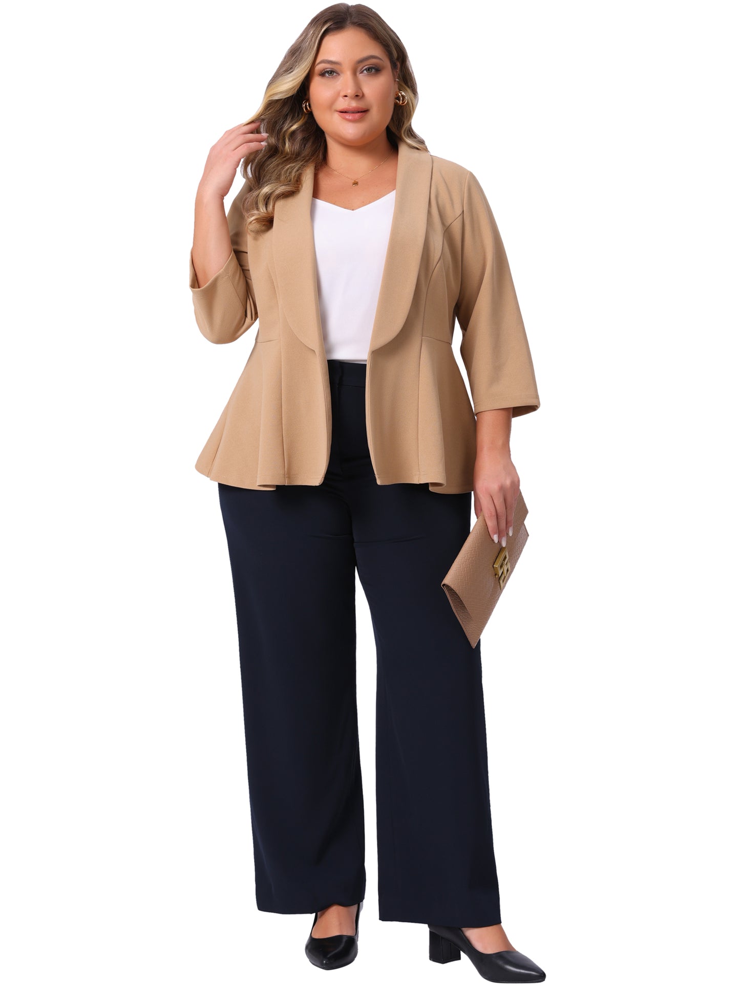 Womens Plus Size Open Front 3/4 Sleeve Peplum Blazer Lapel Work Office Suit Jacket