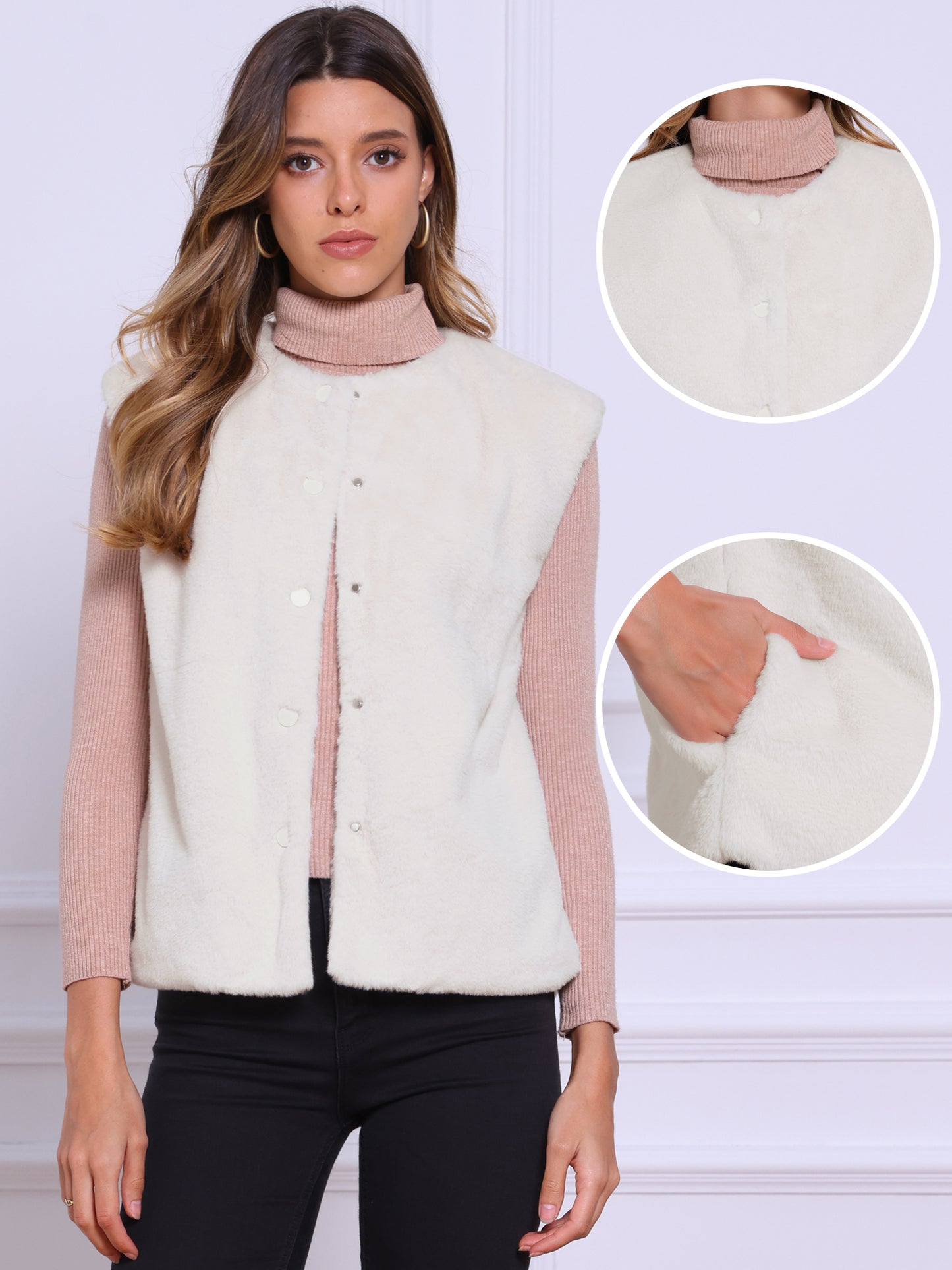 Women's Button Down Sleeveless Open Front Winter Faux Fur Vest