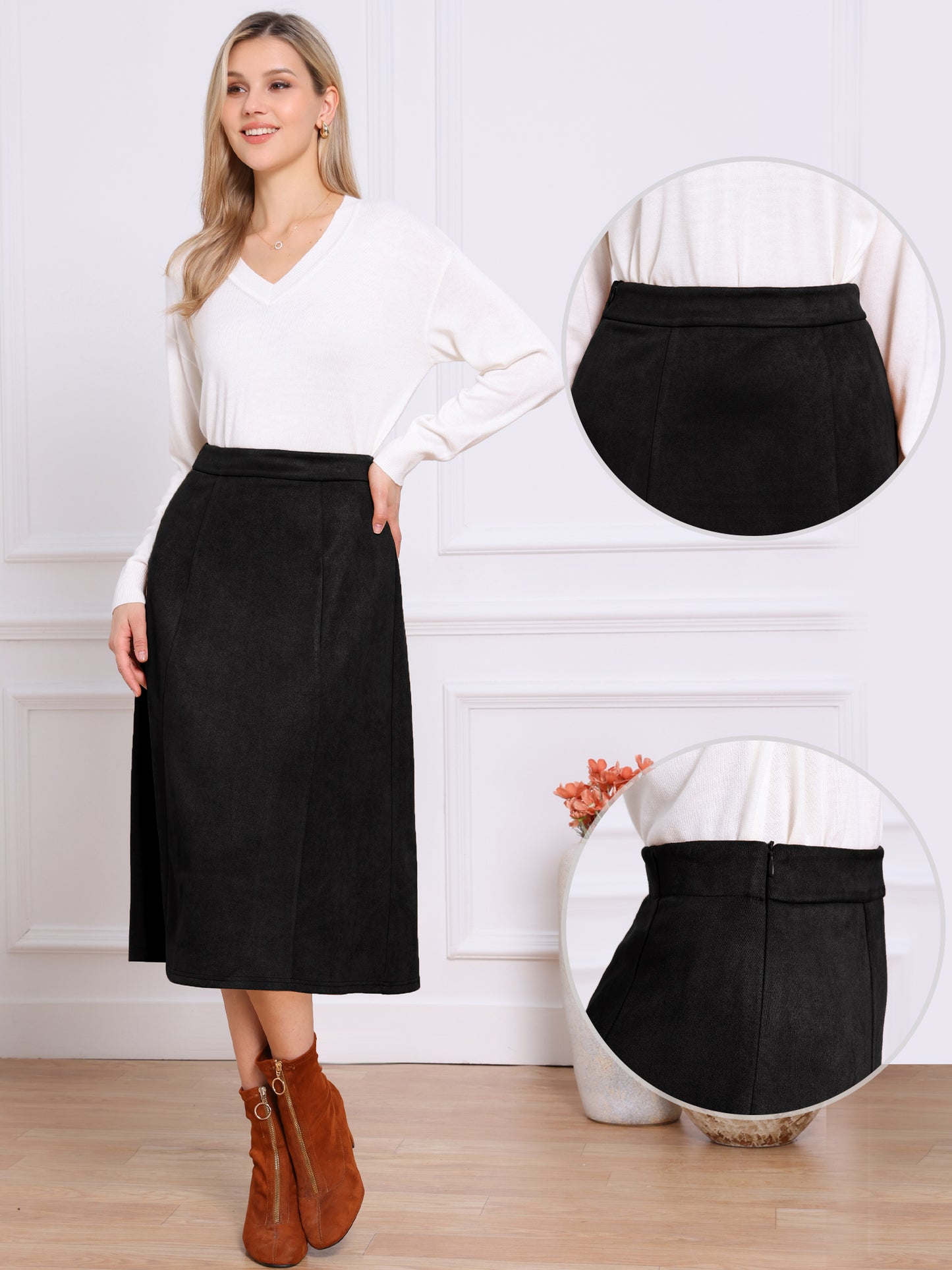Falda midi de gamuza de corte A para mujer, informal, para otoño e invierno