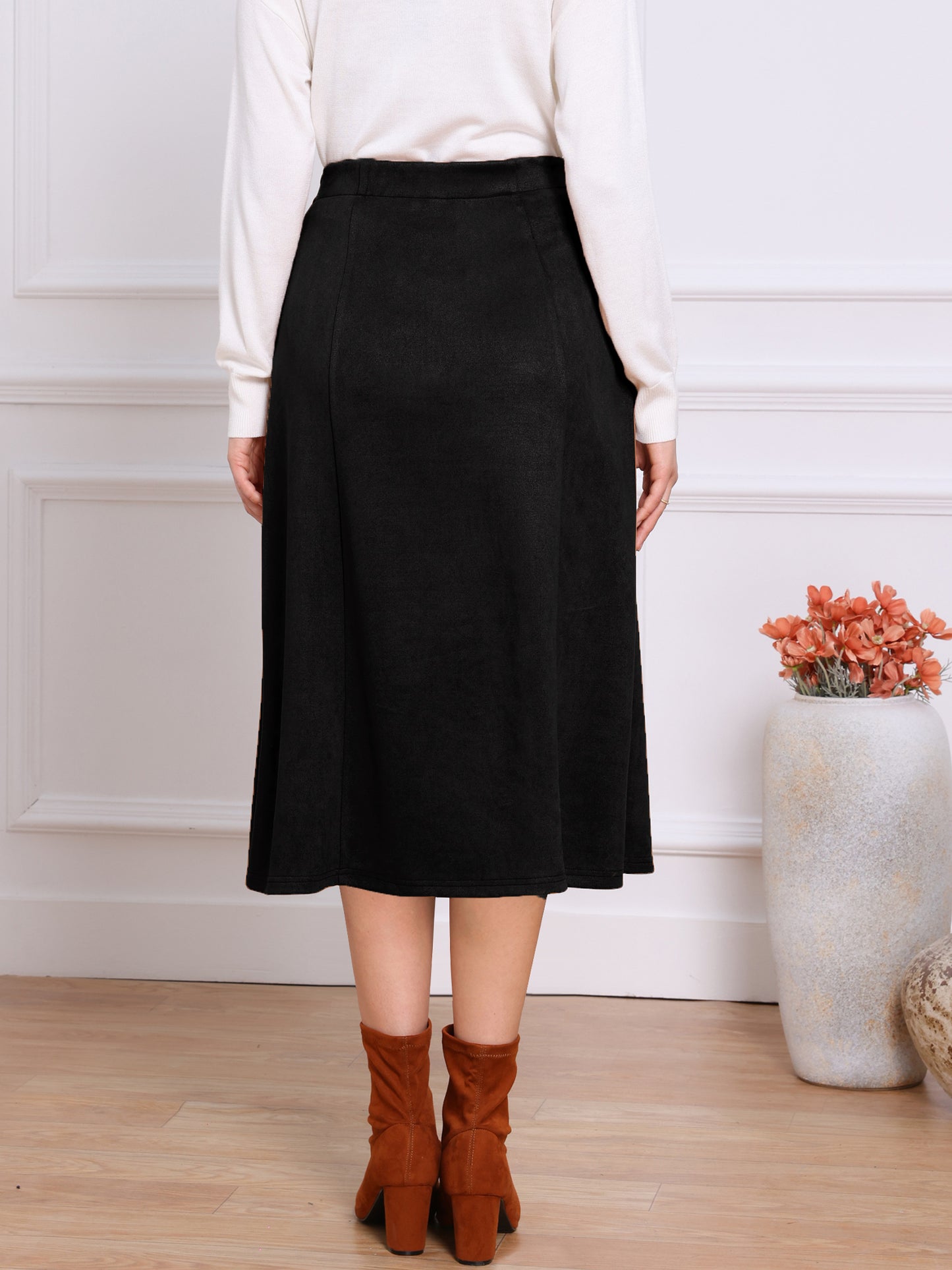 Falda midi de gamuza de corte A para mujer, informal, para otoño e invierno