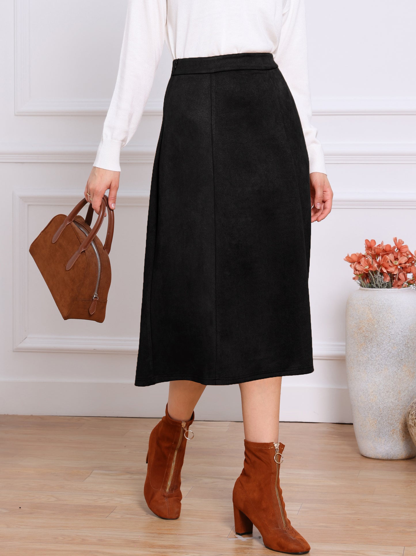 Falda midi de gamuza de corte A para mujer, informal, para otoño e invierno