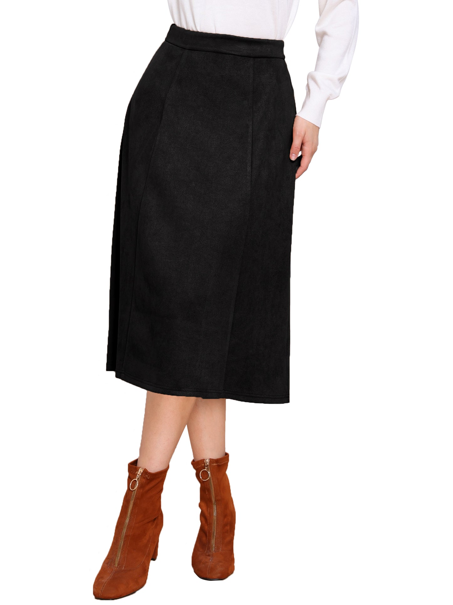 Falda midi de gamuza de corte A para mujer, informal, para otoño e invierno