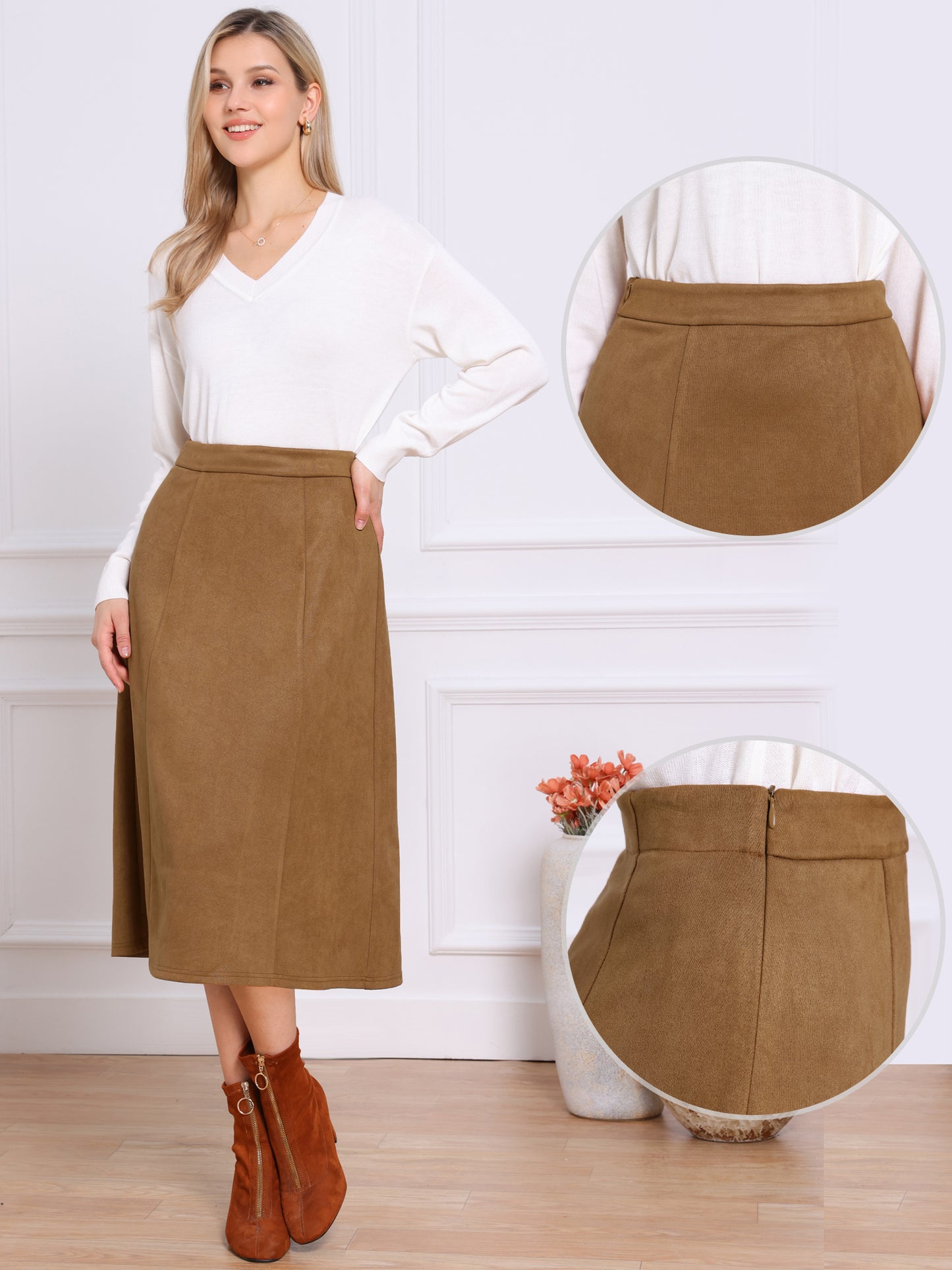 Falda midi de gamuza de corte A para mujer, informal, para otoño e invierno