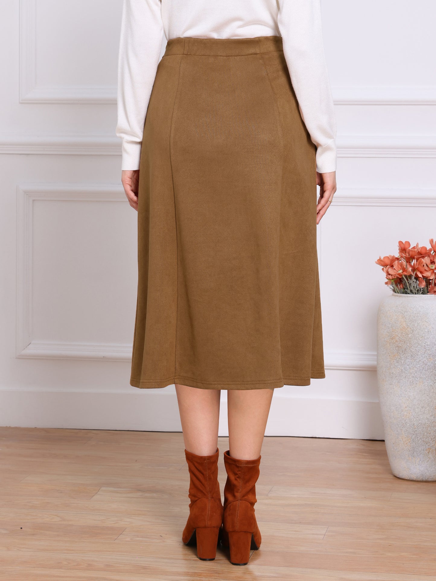 Falda midi de gamuza de corte A para mujer, informal, para otoño e invierno