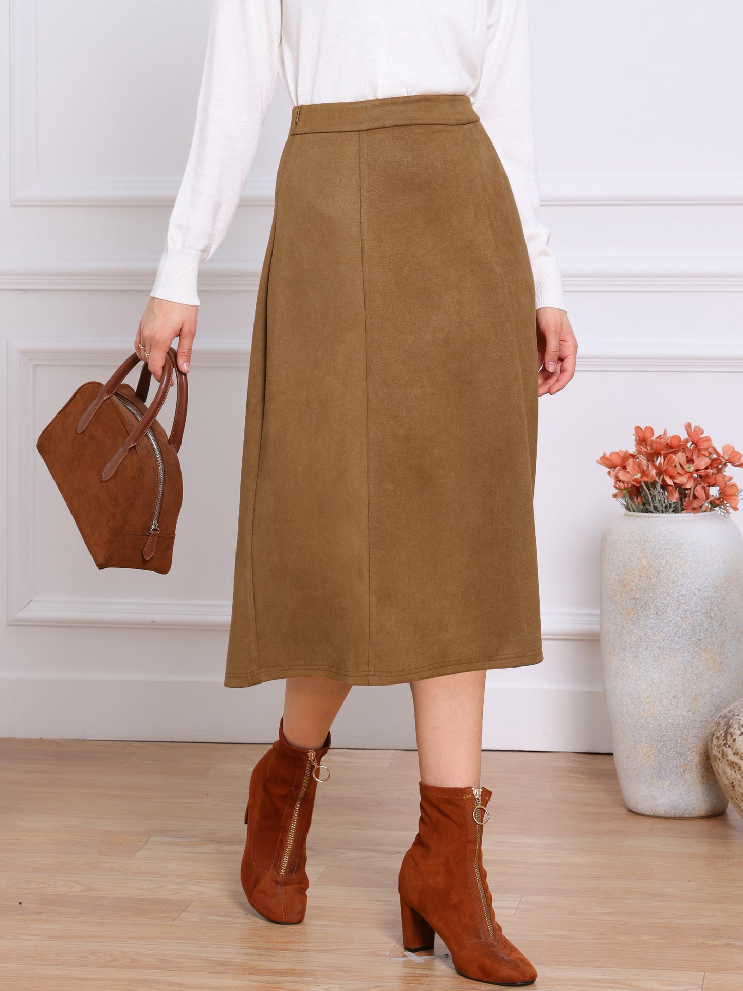 Falda midi de gamuza de corte A para mujer, informal, para otoño e invierno