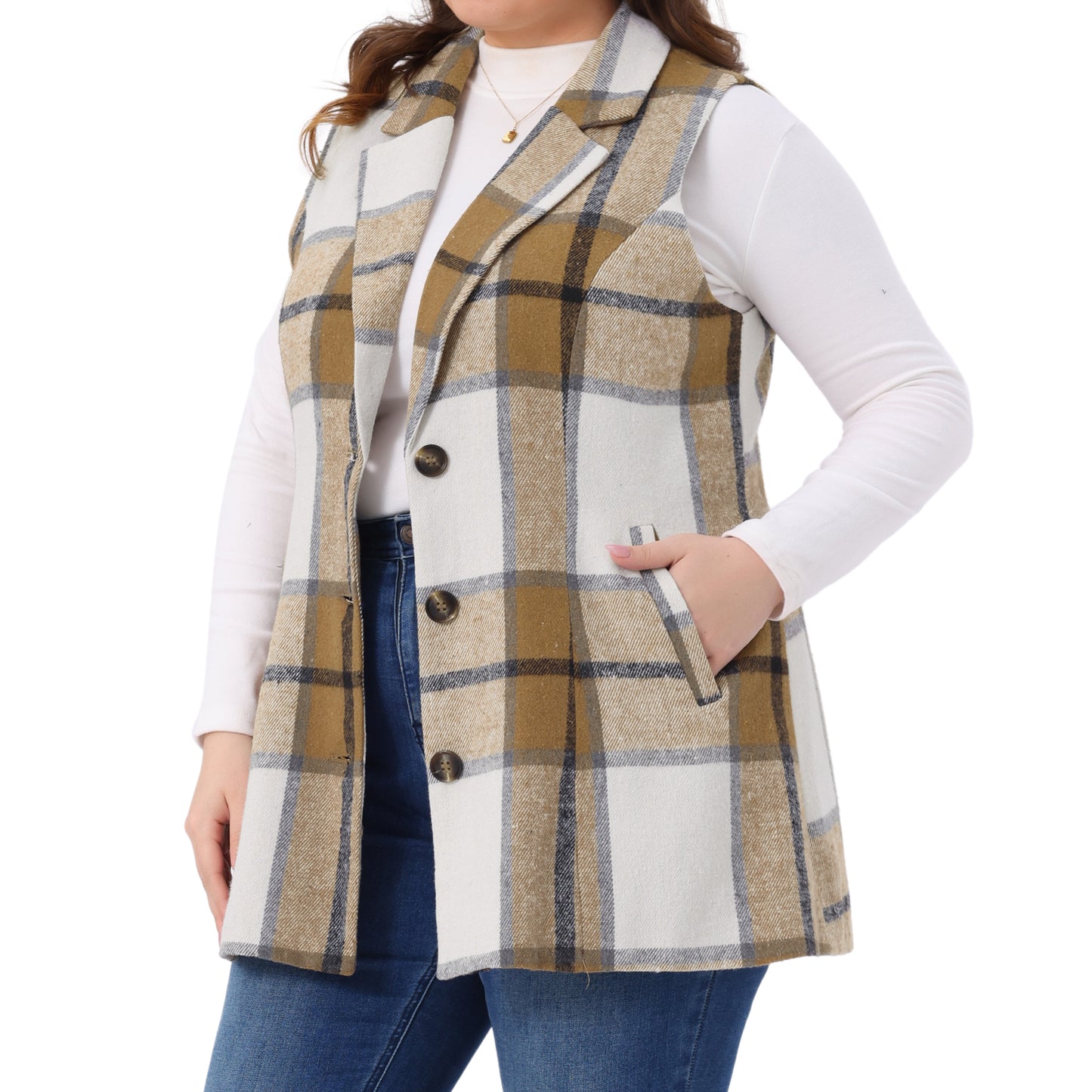 Women Plus Size Plaid Vest Notched Lapel Checkered Sleeveless Long Vest Casual Jacket Outerwear
