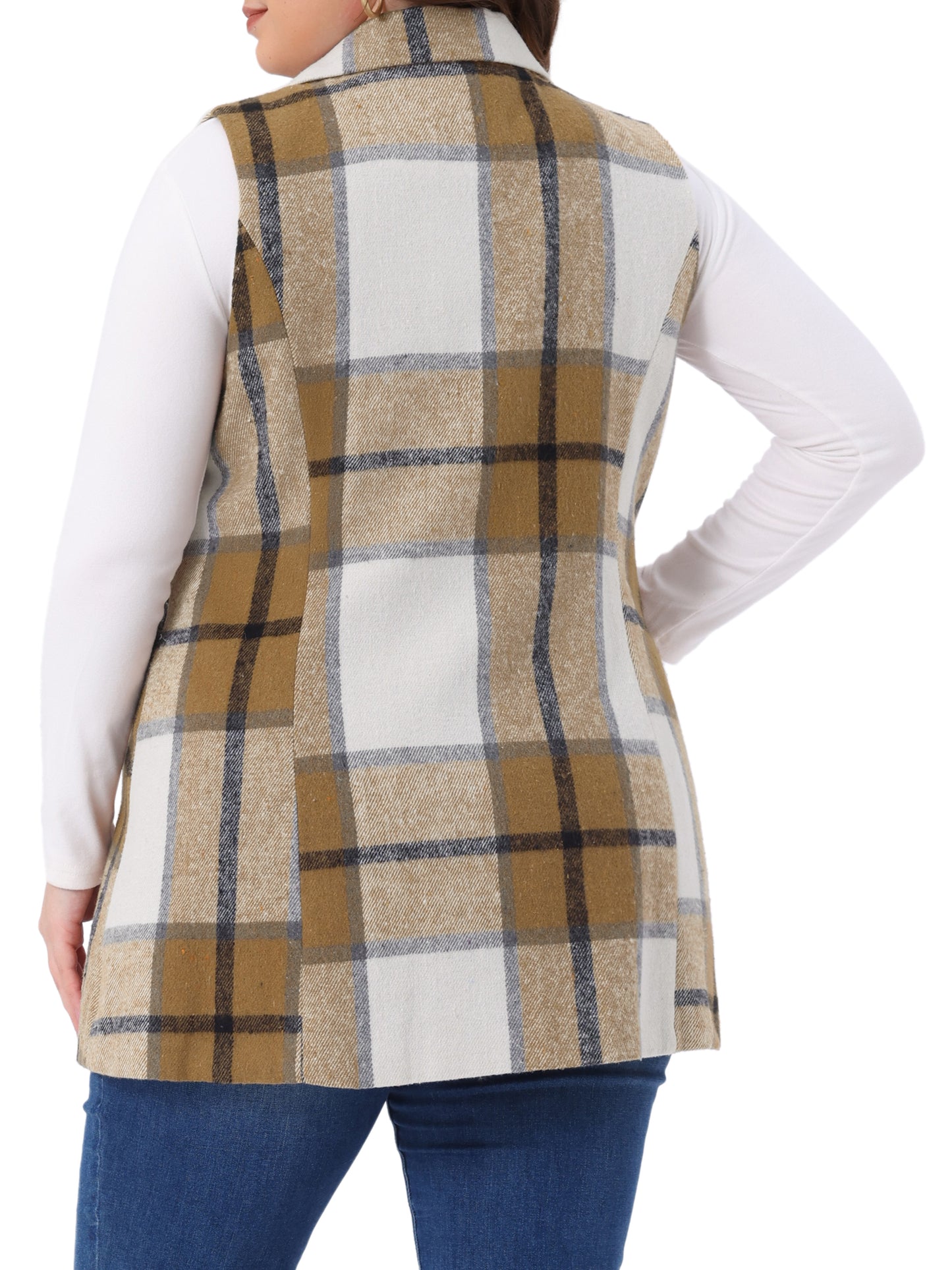 Women Plus Size Plaid Vest Notched Lapel Checkered Sleeveless Long Vest Casual Jacket Outerwear