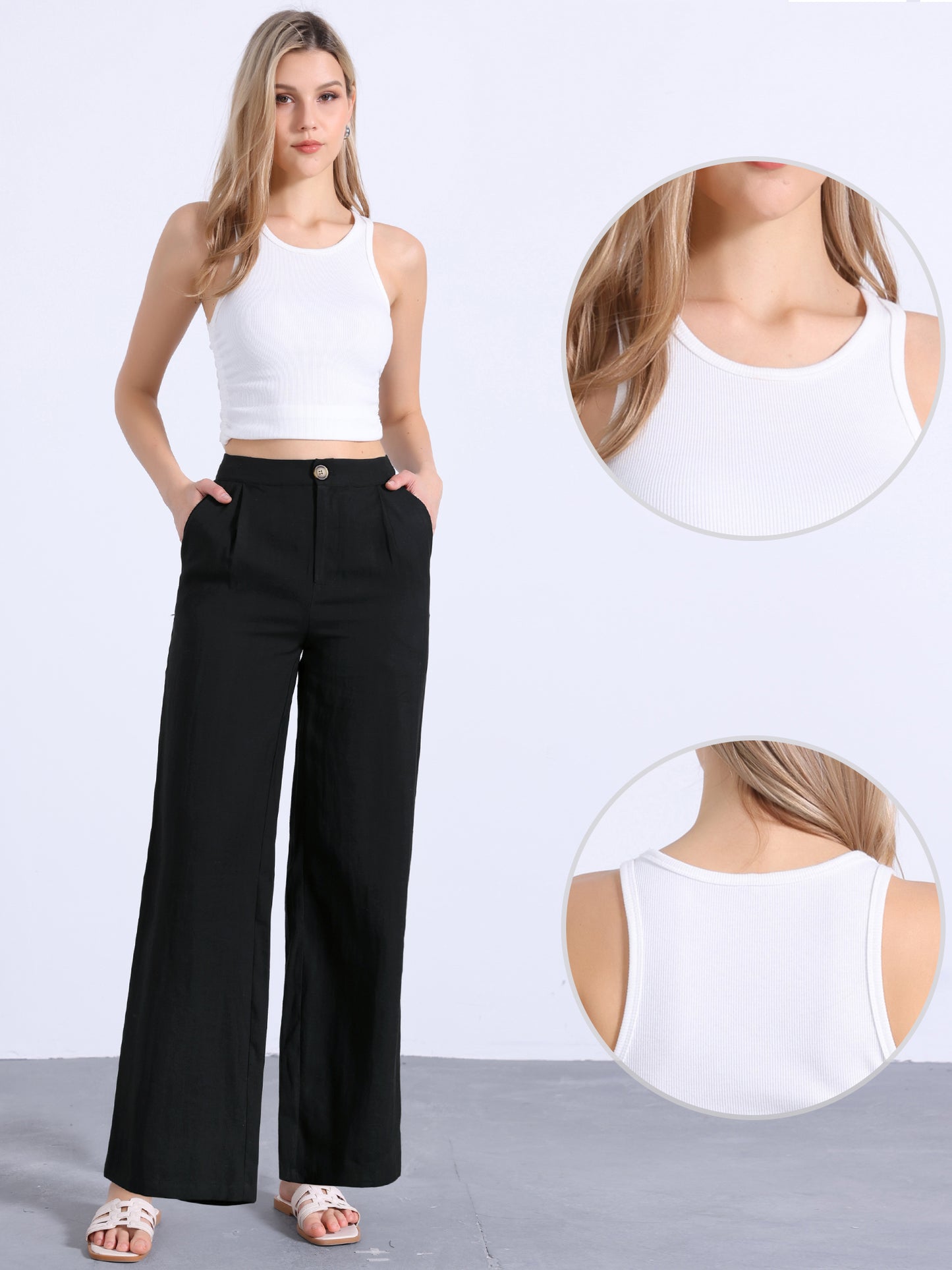 Pantalones casuales de pierna ancha para mujer, cintura alta elástica, un botón, ligeros, con bolsillos