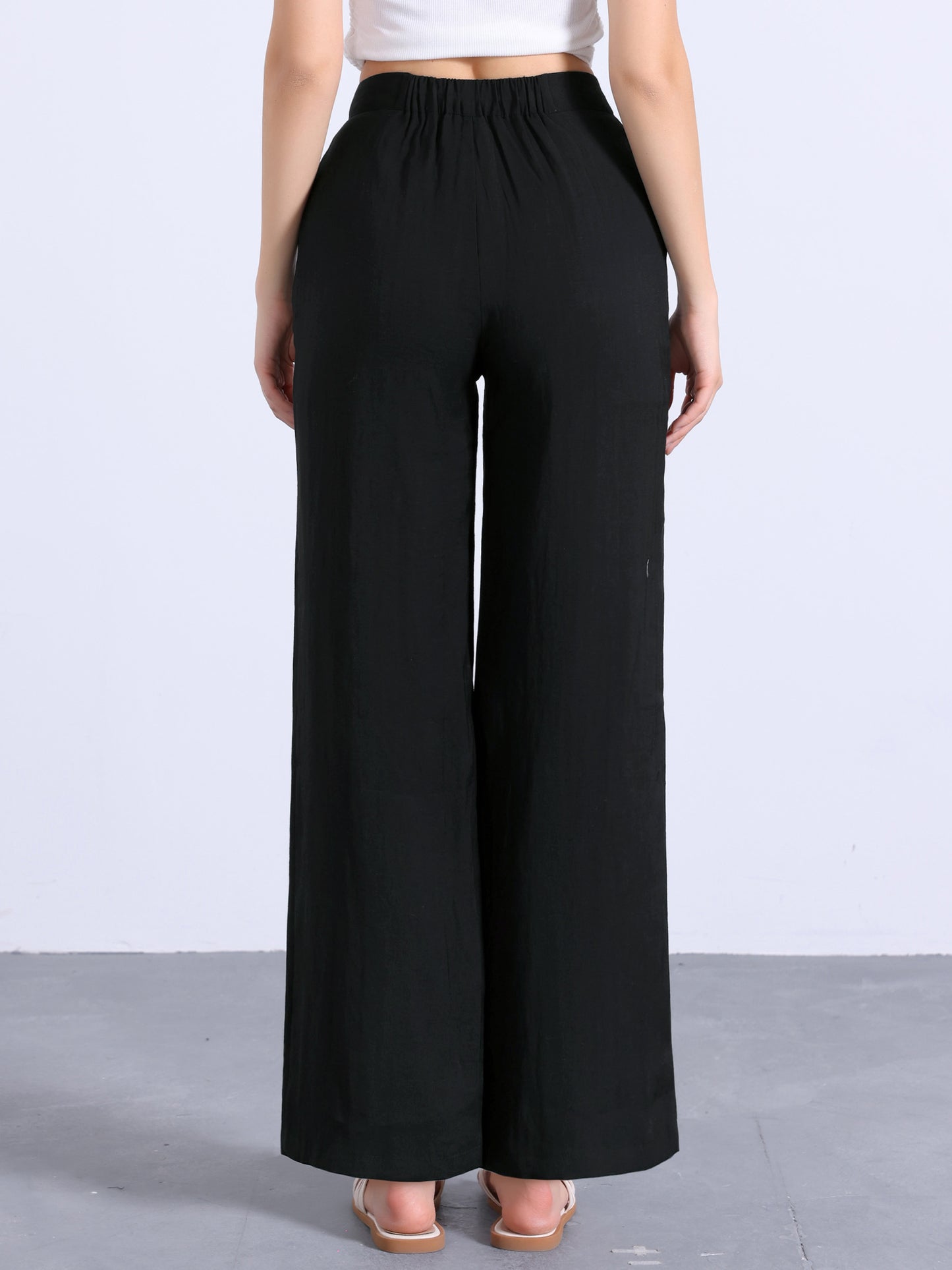 Pantalones casuales de pierna ancha para mujer, cintura alta elástica, un botón, ligeros, con bolsillos