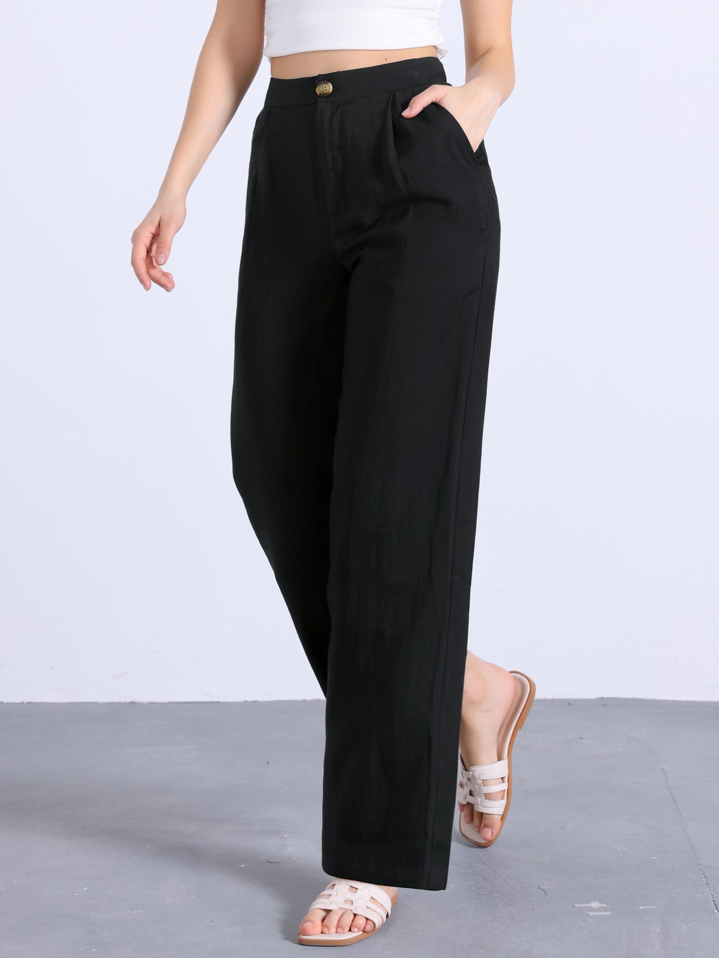 Pantalones casuales de pierna ancha para mujer, cintura alta elástica, un botón, ligeros, con bolsillos
