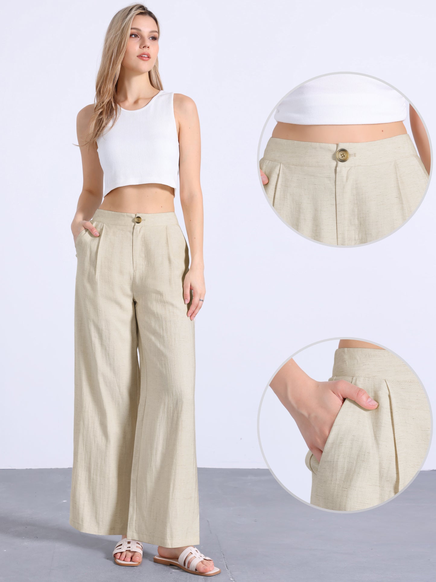 Pantalones casuales de pierna ancha para mujer, cintura alta elástica, un botón, ligeros, con bolsillos