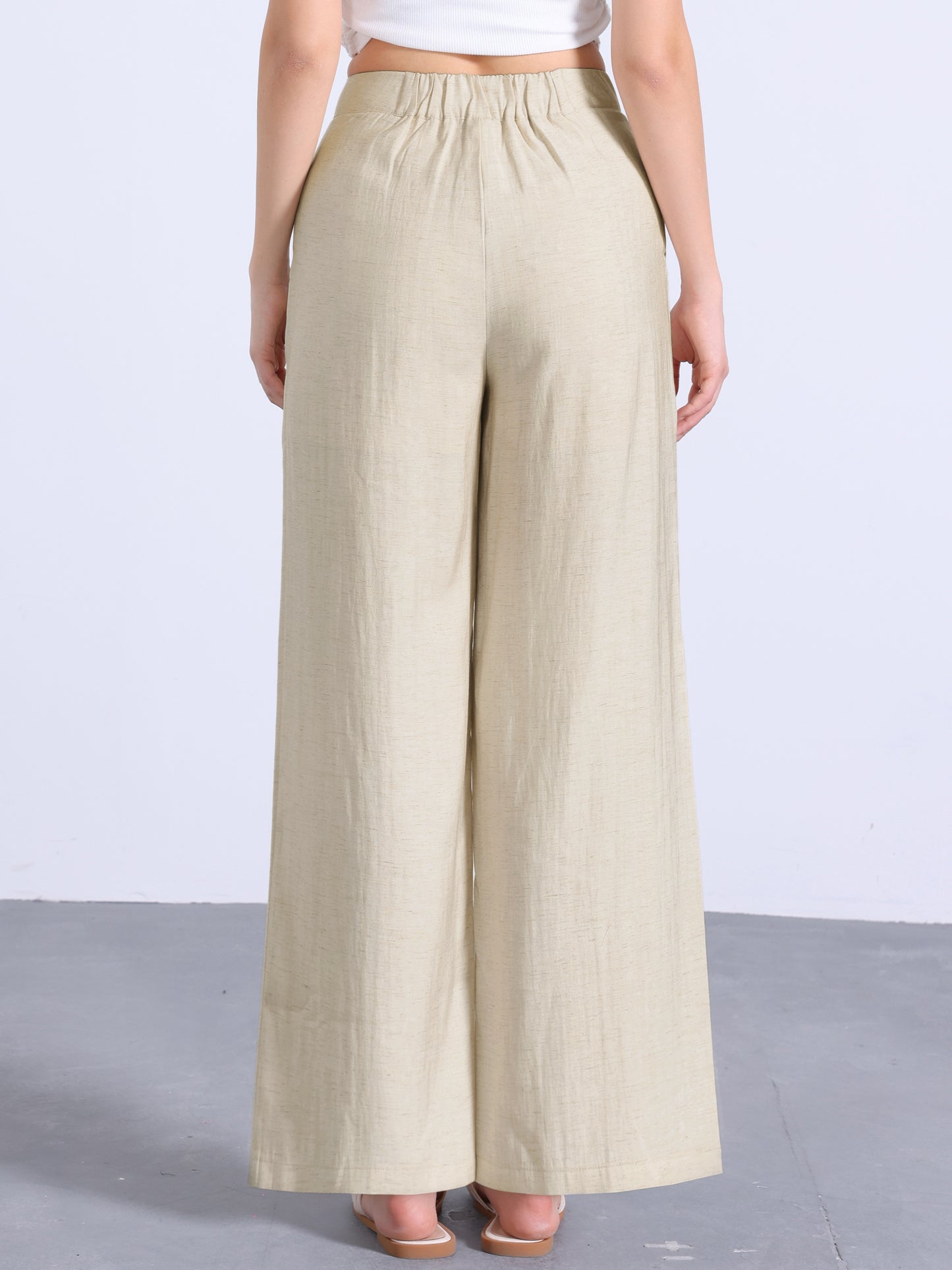 Pantalones casuales de pierna ancha para mujer, cintura alta elástica, un botón, ligeros, con bolsillos