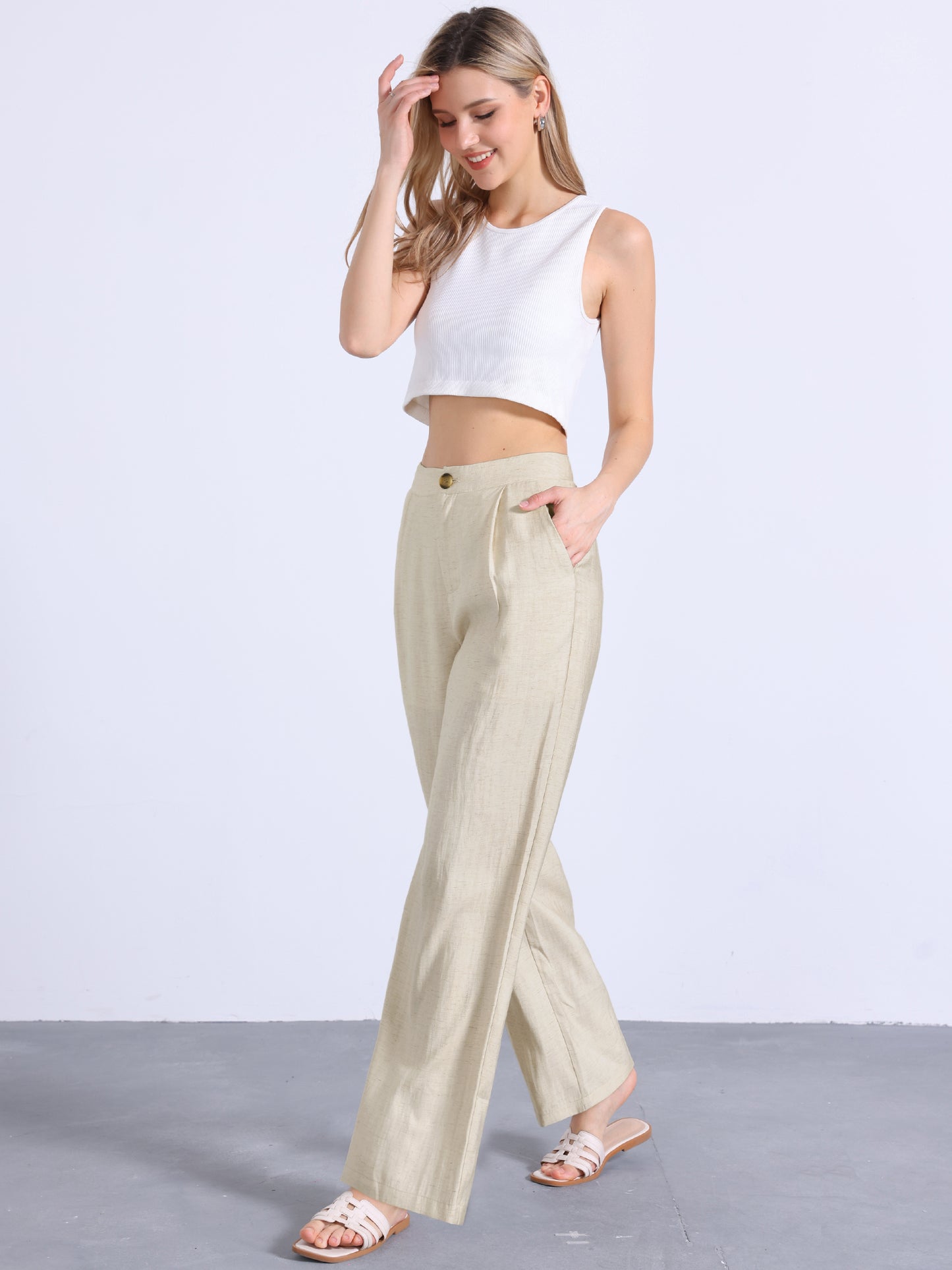 Pantalones casuales de pierna ancha para mujer, cintura alta elástica, un botón, ligeros, con bolsillos