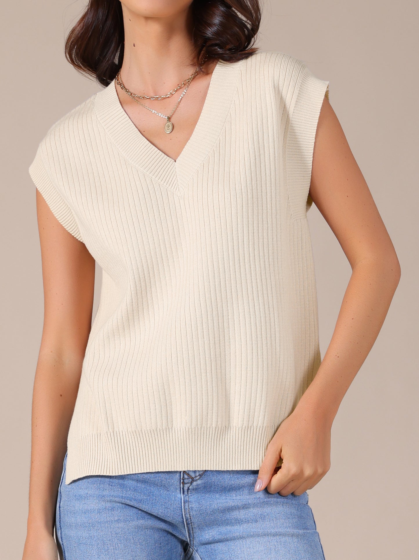 Women's V Neck Sweater Vest Ribbed Sleeveless Slit Stretchy Basic Casual Fall Winter Tank Top