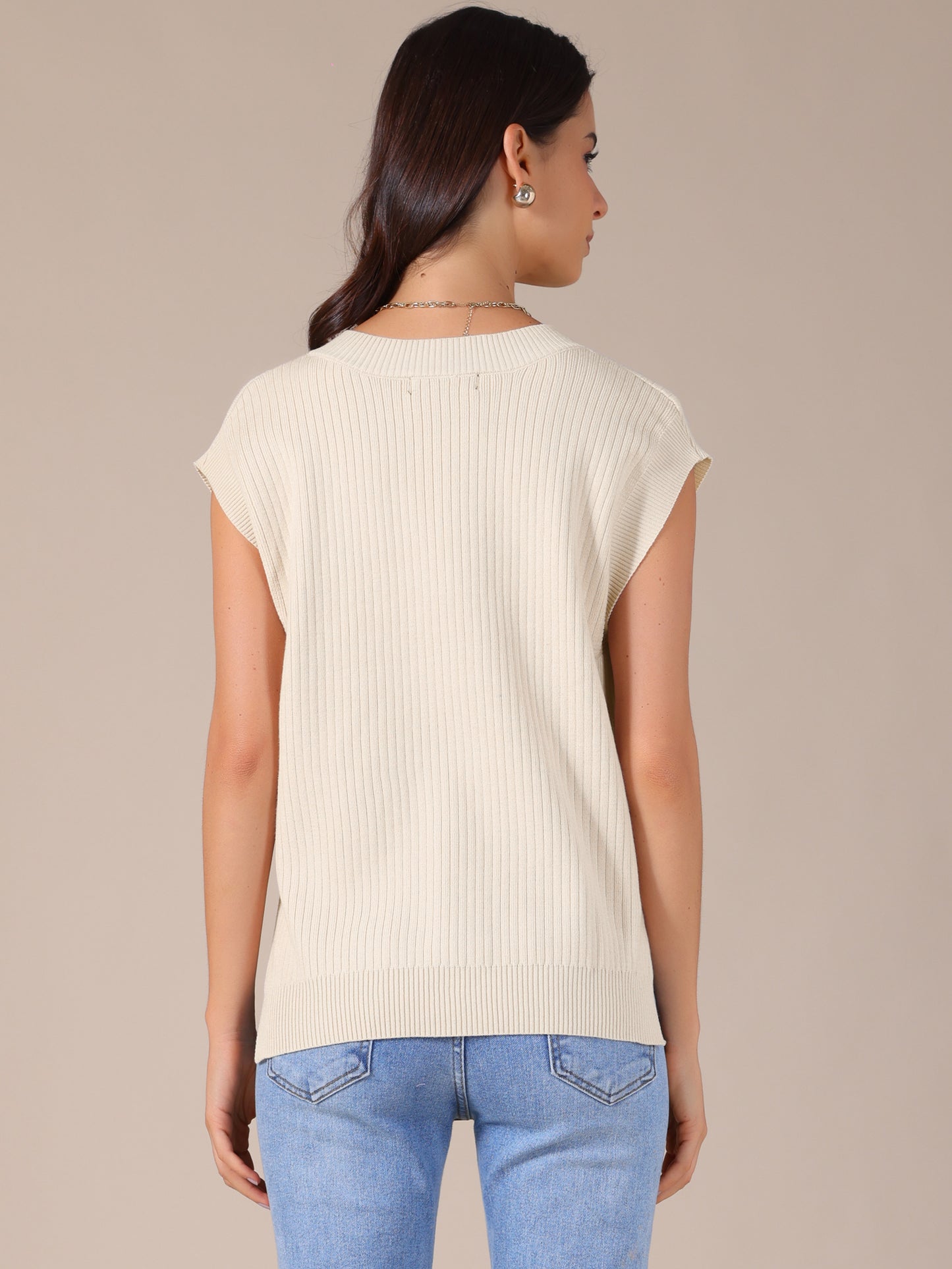 Women's V Neck Sweater Vest Ribbed Sleeveless Slit Stretchy Basic Casual Fall Winter Tank Top