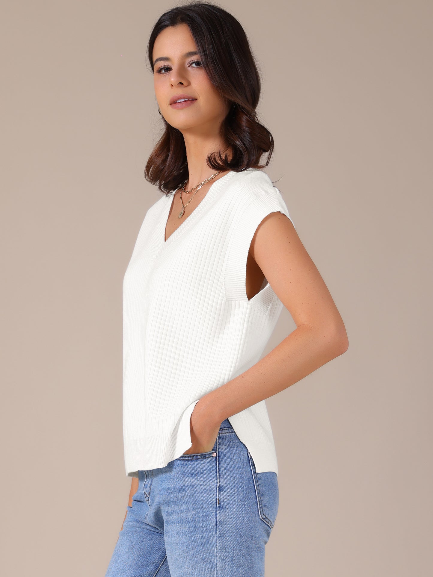 Women's V Neck Sweater Vest Ribbed Sleeveless Slit Stretchy Basic Casual Fall Winter Tank Top