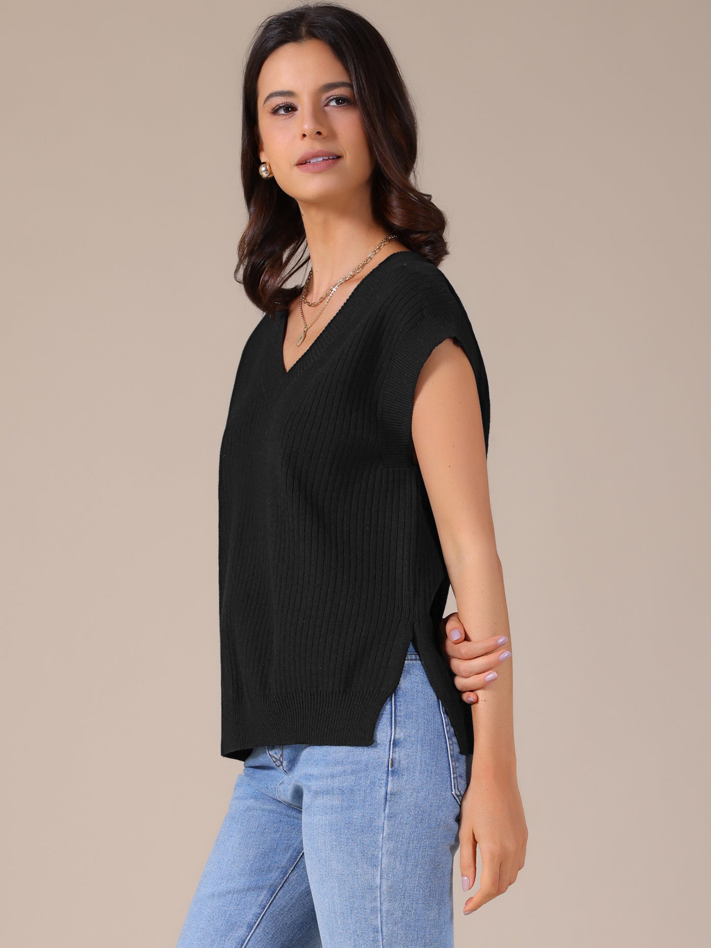 Women's V Neck Sweater Vest Ribbed Sleeveless Slit Stretchy Basic Casual Fall Winter Tank Top