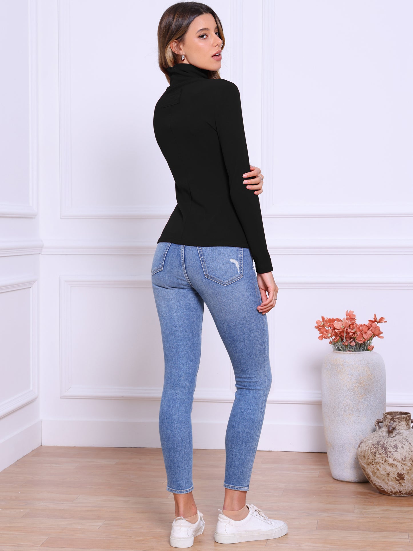 Women Long Sleeve Sweaters Tops Mock Turtle Neck Slim Fit Tee Casual Pullover Cashmere Sweater