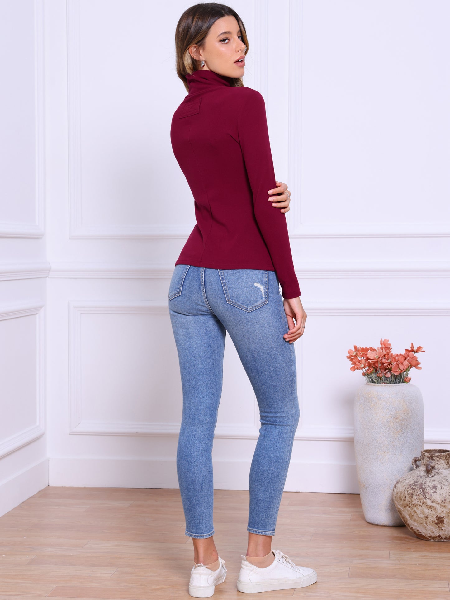 Women Long Sleeve Sweaters Tops Mock Turtle Neck Slim Fit Tee Casual Pullover Cashmere Sweater
