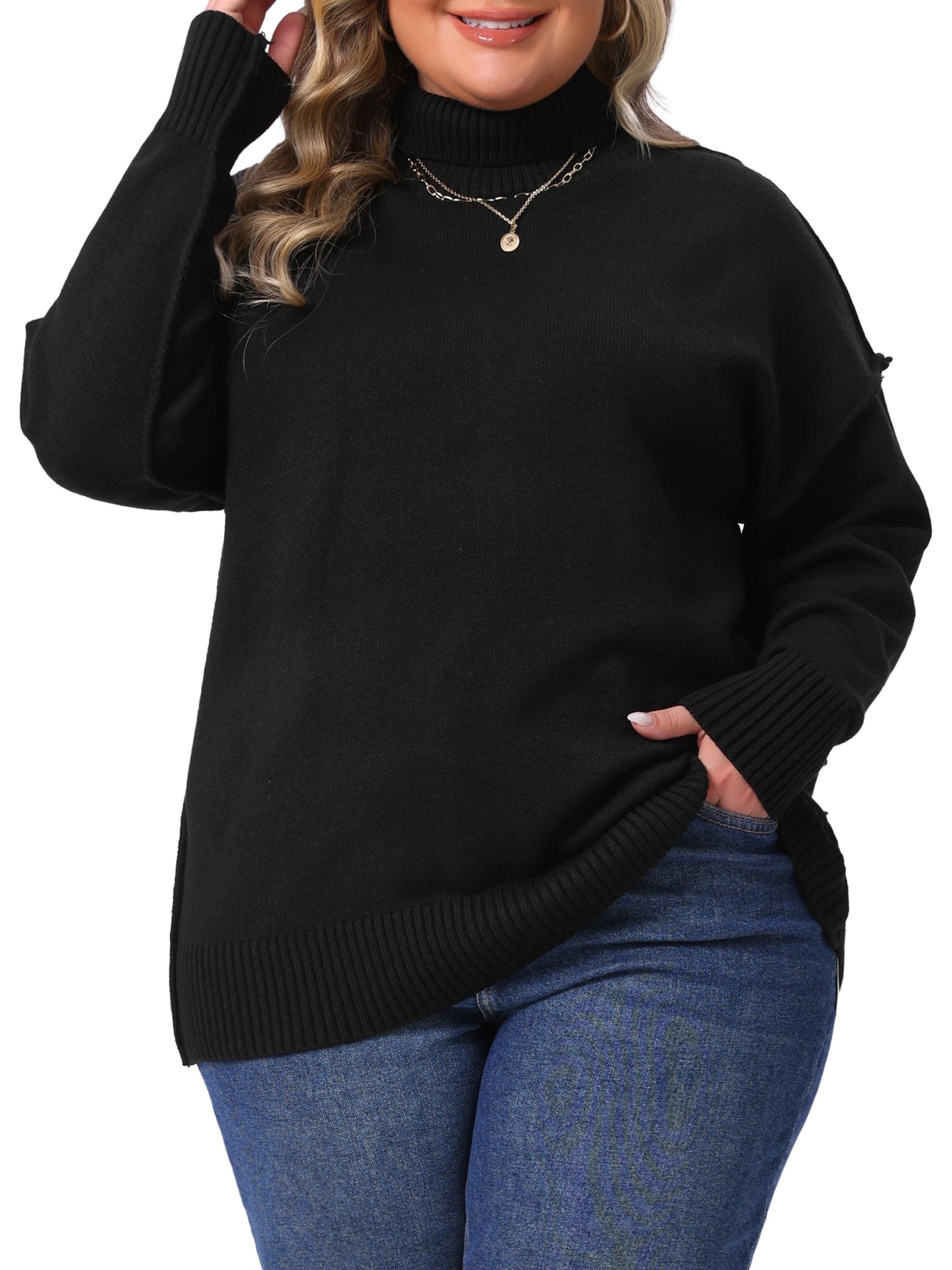 Women Plus Size Sweater Turtleneck Long Sleeve Knit Top Casual Loose Pullover Knitwear