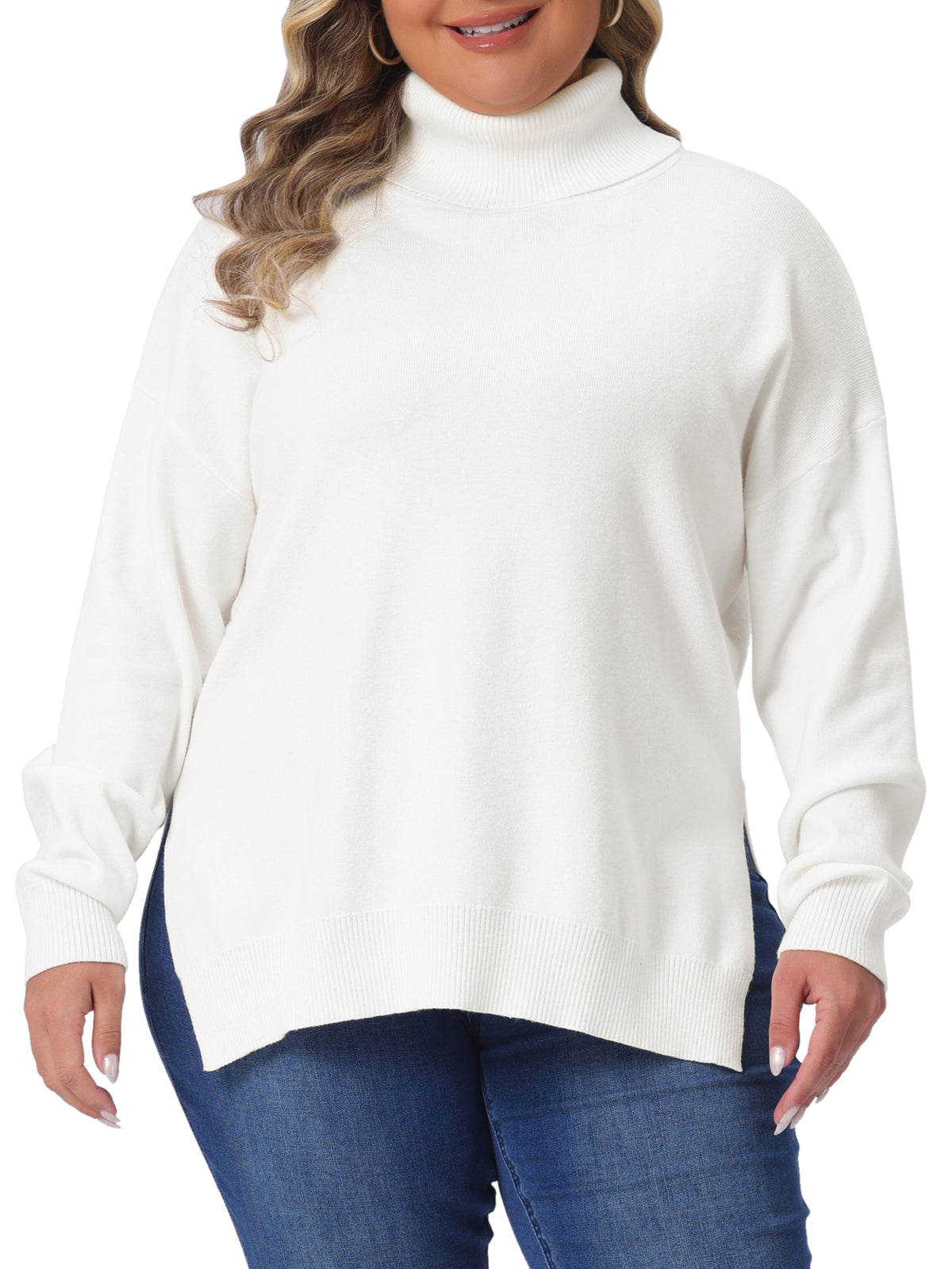 Women Plus Size Sweaters Turtle Neck Long Sleeve Side Slit Casual Loose Pullover Knit Top