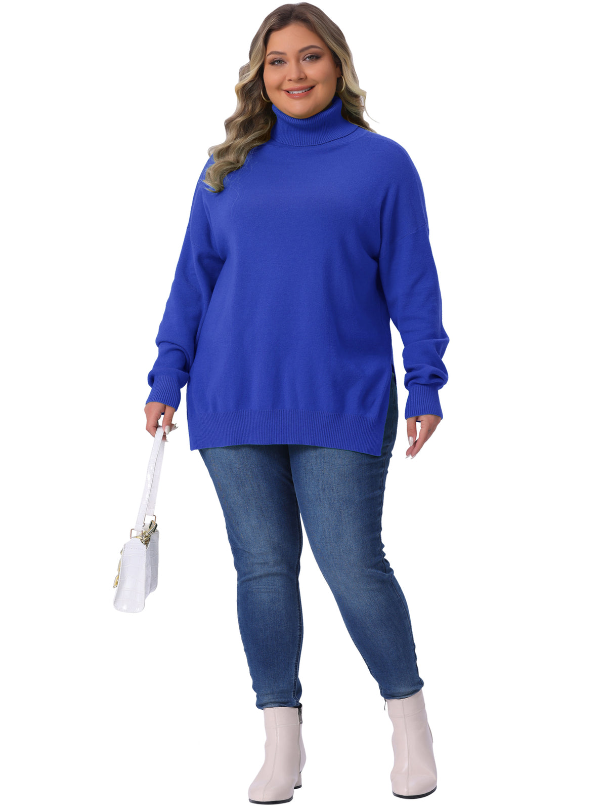 Women Plus Size Sweaters Turtle Neck Long Sleeve Side Slit Casual Loose Pullover Knit Top