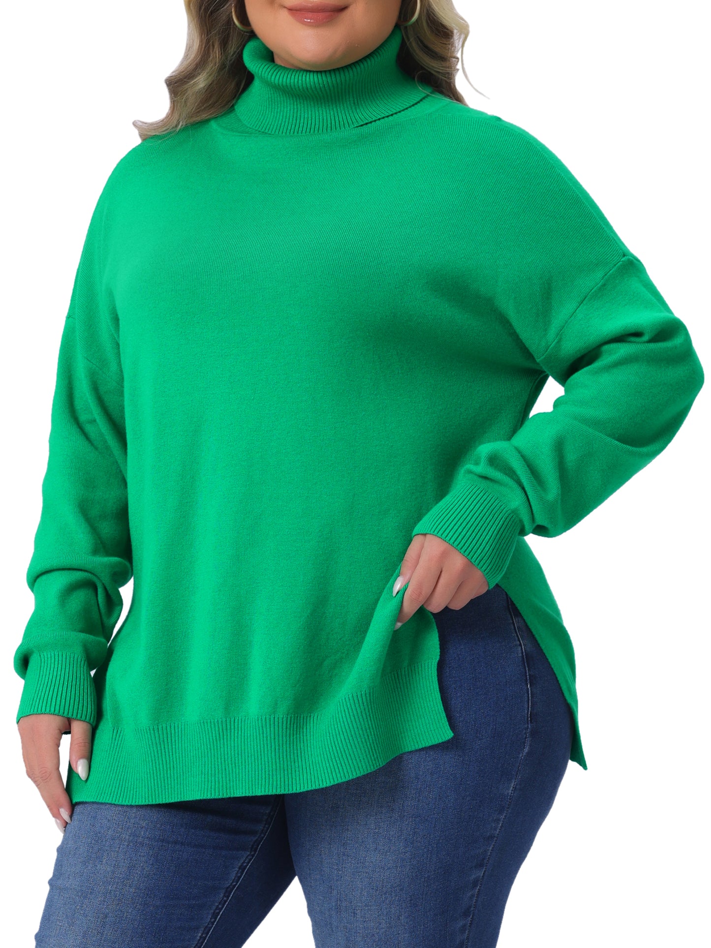 Women Plus Size Sweaters Turtle Neck Long Sleeve Side Slit Casual Loose Pullover Knit Top