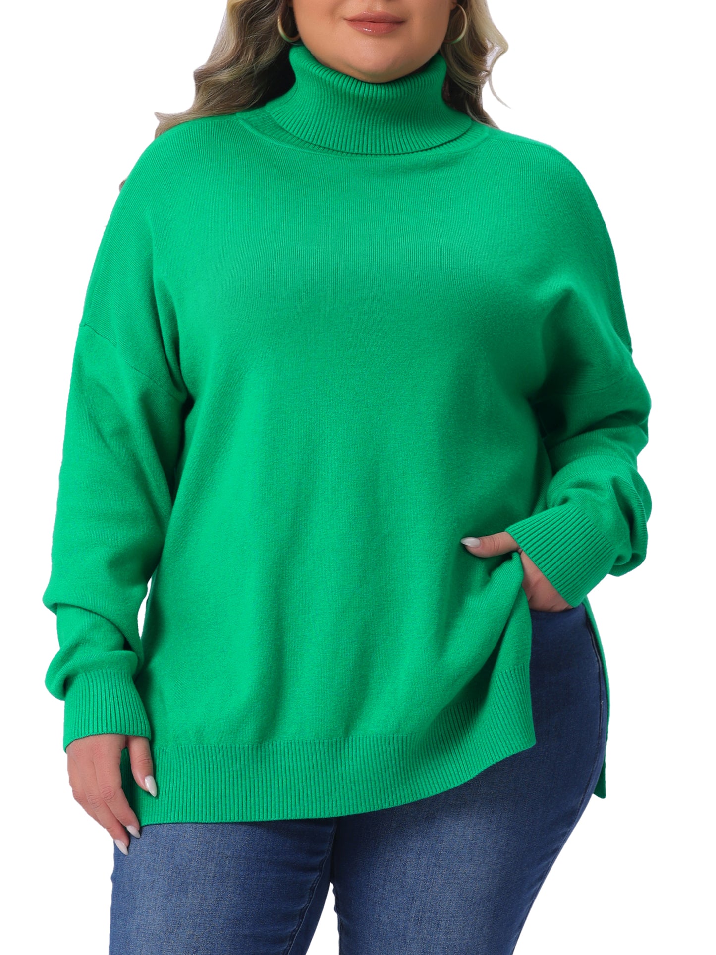 Women Plus Size Sweaters Turtle Neck Long Sleeve Side Slit Casual Loose Pullover Knit Top