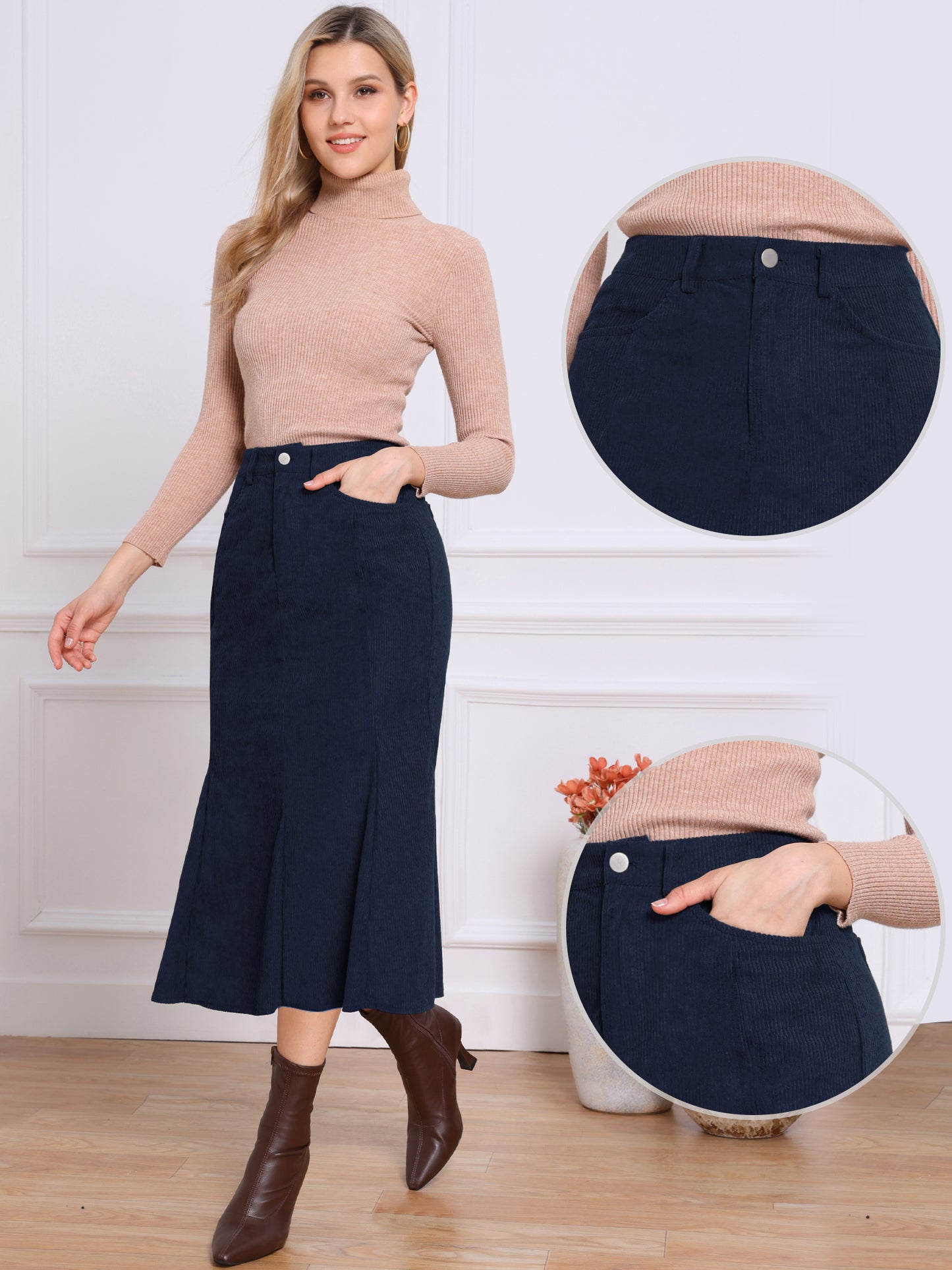 Women Winter Fall High Waist Corduroy Elegant Fishtail Midi Skirt