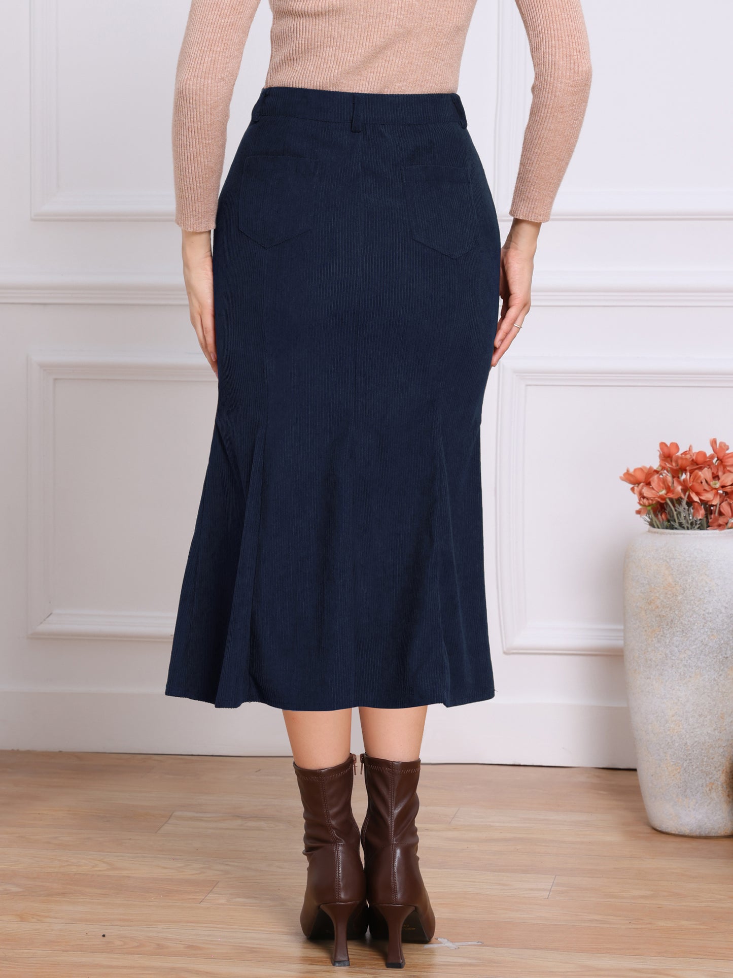 Women Winter Fall High Waist Corduroy Elegant Fishtail Midi Skirt