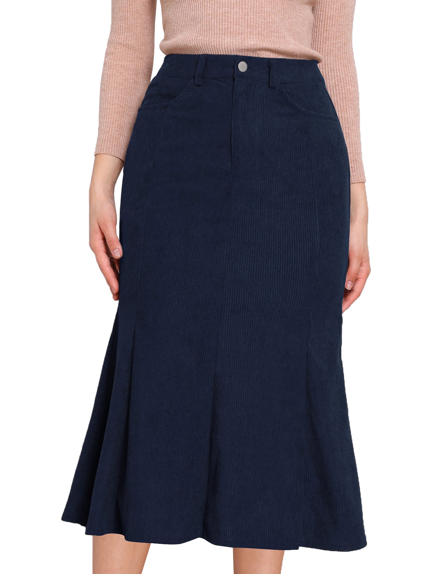 Women Winter Fall High Waist Corduroy Elegant Fishtail Midi Skirt