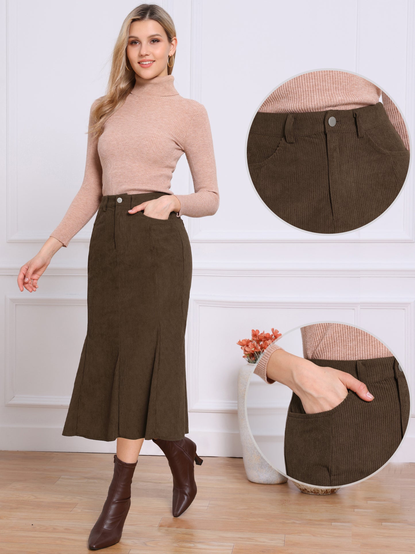Women Winter Fall High Waist Corduroy Elegant Fishtail Midi Skirt