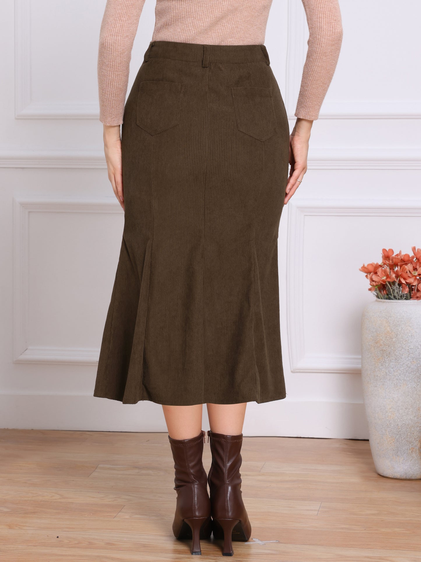 Women Winter Fall High Waist Corduroy Elegant Fishtail Midi Skirt