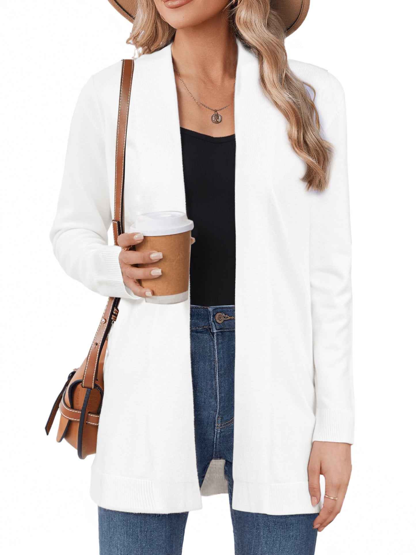 Suéter de punto informal de manga larga con abertura frontal para mujer, elástico, para otoño e invierno